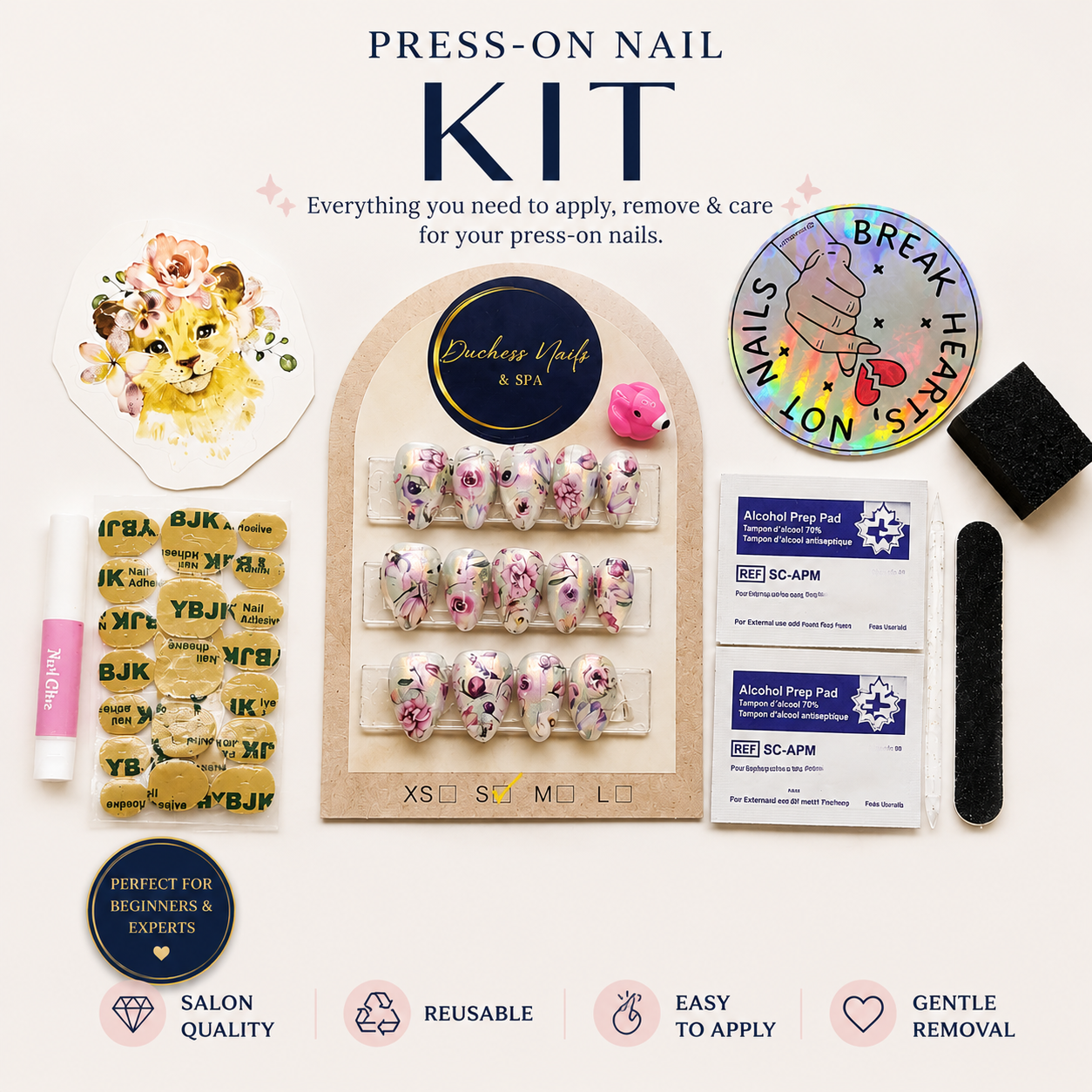 Press-on nail kit includes nail faux designs, adhesive tabs, alcohol prep pads, nail file, and topcoat with labeled sizes XS, S, M, L. Features a lion illustration, rhinestones, and a holographic button with nail-related words. The packaging highlights suitability for beginners and experts, reusability, ease of application, and gentle removal.