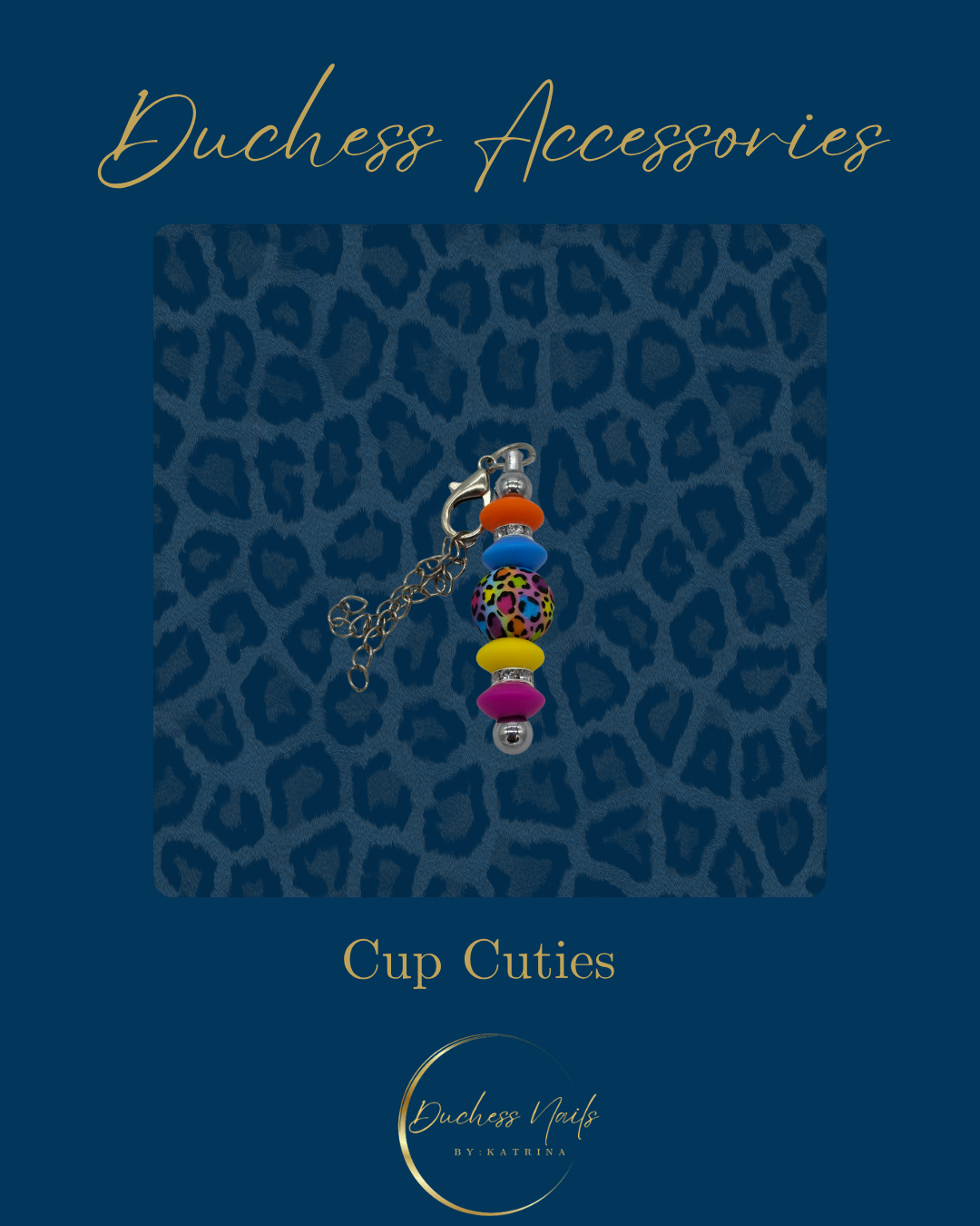 Colorful beaded keychain with animal print bead and chain on a leopard print background, presented as a product image for Duchess Accessories.