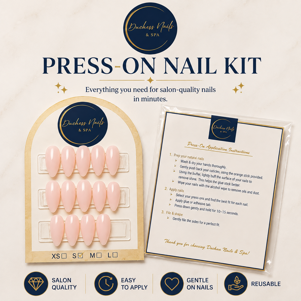 Press-on nail kit from Duchess Nails & Spa, including pink press-on nails on a display board, application instructions, and icons indicating salon quality, ease to apply, gentle on nails, and reusable.