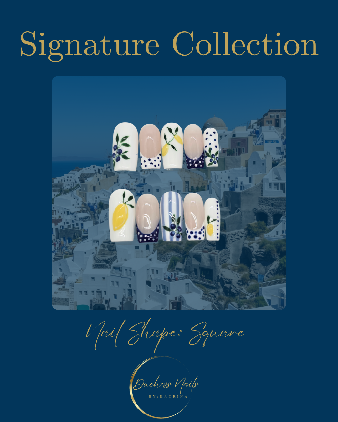 Nail art design featuring square-shaped nails with lemon and blueberry motifs, painted on a blue background with a scenic white cityscape. Text reads 'Signature Collection' and 'Nail Shape: Square,' by Katrina.