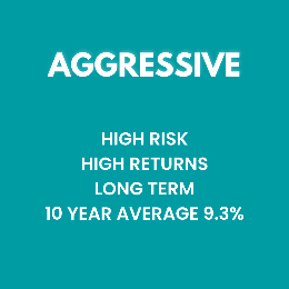 Teal background with white text listing investment attributes: Aggressive, High risk, High returns, Long term, 10-year average 9.3%.