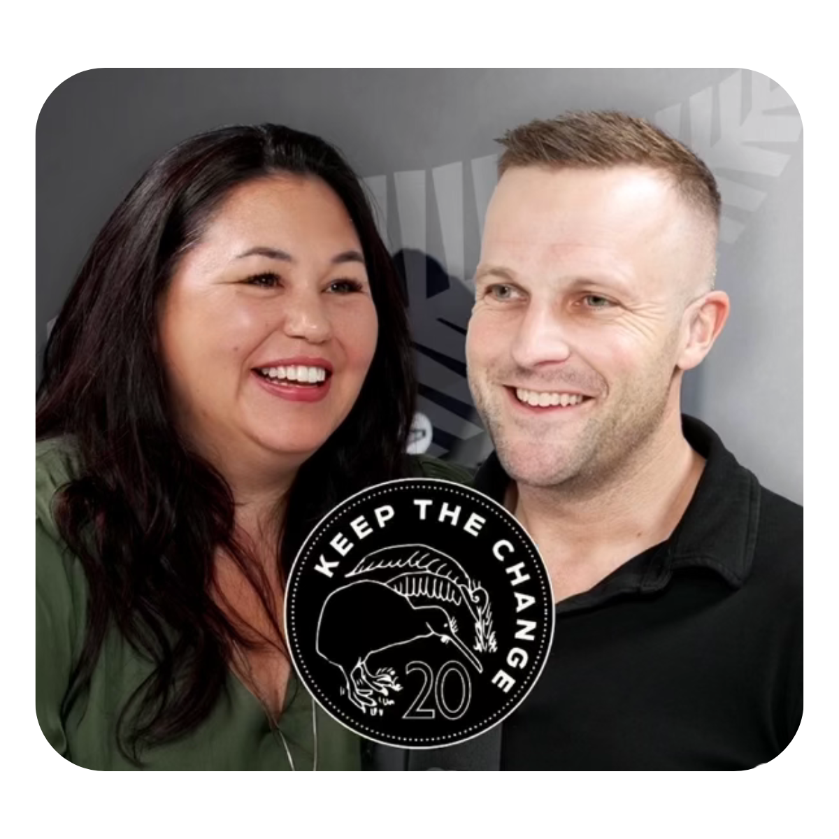 Two smiling people, a woman with dark hair and a man with short light hair, standing closely together, with a logo that says 'Keep the Change 20' featuring a rat. Background is dark with a pattern.