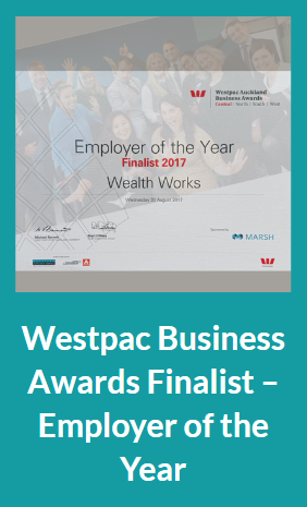 Certificate titled 'Employer of the Year' awarded to Wealth Works as a finalist in the 2017 Westpac Auckland Business Awards, presented by Marsh, dated Wednesday, August 23, 2017.