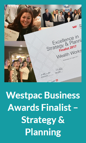 A collage of four photos with a teal background. The top left shows a smiling woman holding a certificate. The top right features a group of people in business attire sitting at a table, likely at a conference. The bottom left displays a group of women dressed in formal attire at an event. The bottom right shows a close-up of an award certificate titled 'Excellence in Strategy & Planning', indicating a Westpac Business Awards finalist recognition in 2017.
