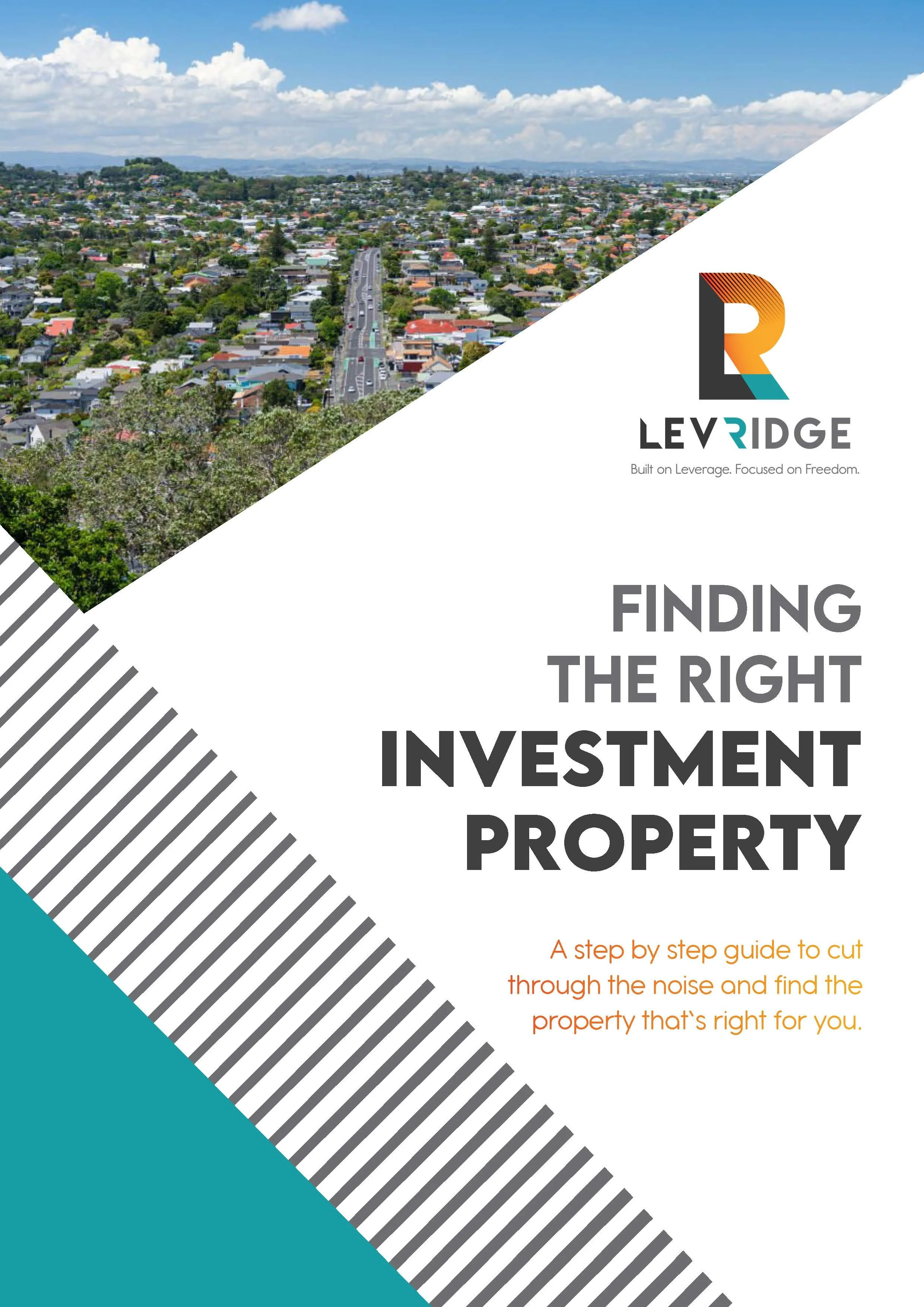 Cover page of a guide titled 'Finding the Right Investment Property' with a cityscape image and the company's logo 'Levridge' at the top right.