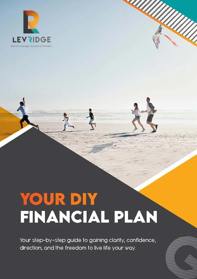 Beach scene with children flying kites and playing, with a colorful geometric design and text about creating a DIY financial plan.