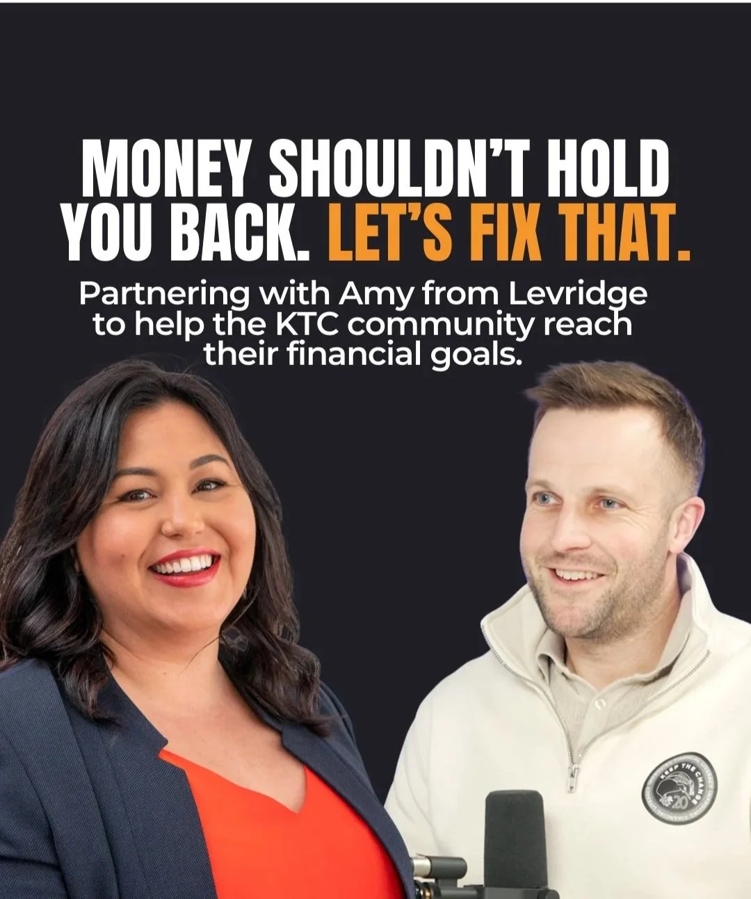 A promotional image featuring a woman and a man smiling, with text about helping the community reach financial goals, advocating for fixing financial issues together.