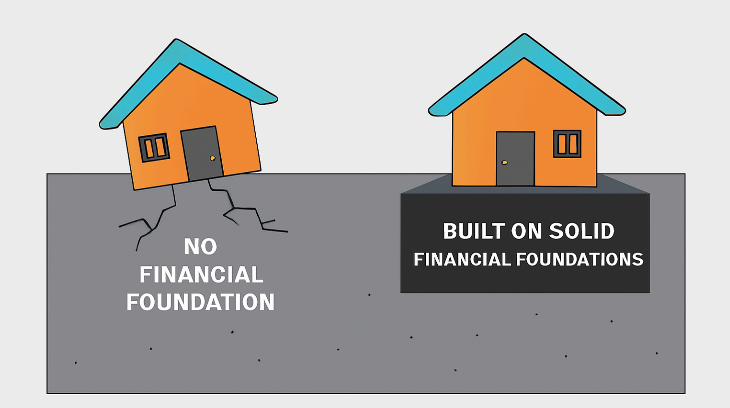 A cartoon illustration of two houses. The house on the left is tilting and cracking because it has no solid financial foundation. The house on the right is stable, built on a solid financial foundation.