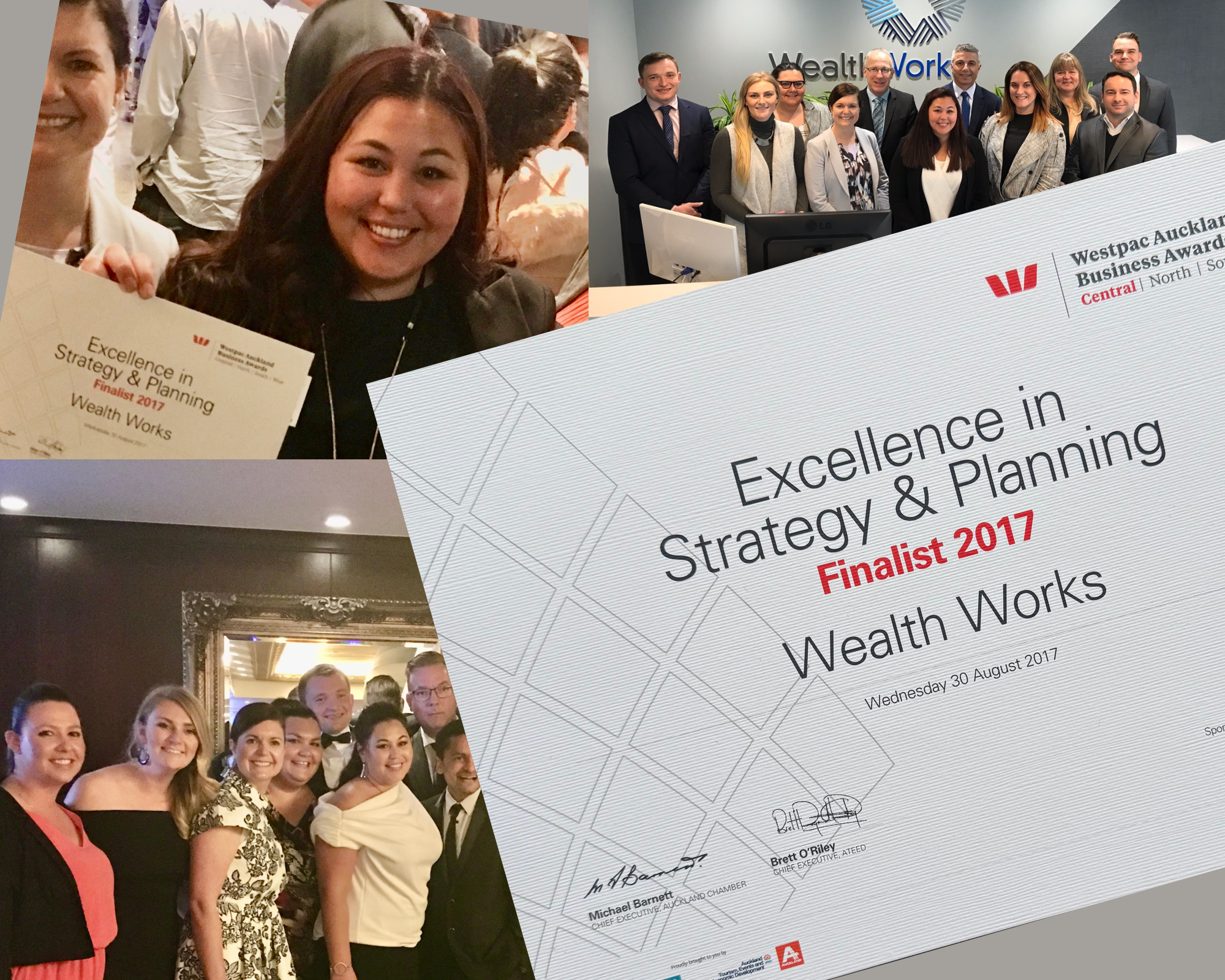 Group of people at an awards event, some holding certificates, with a large certificate in the foreground reading 'Excellence in Strategy & Planning Finalist 2017 Wealth Works,' dated August 30, 2017, and signed by officials, in a formal setting with a sign saying 'Westpac Auckland Business Awards' in the background.