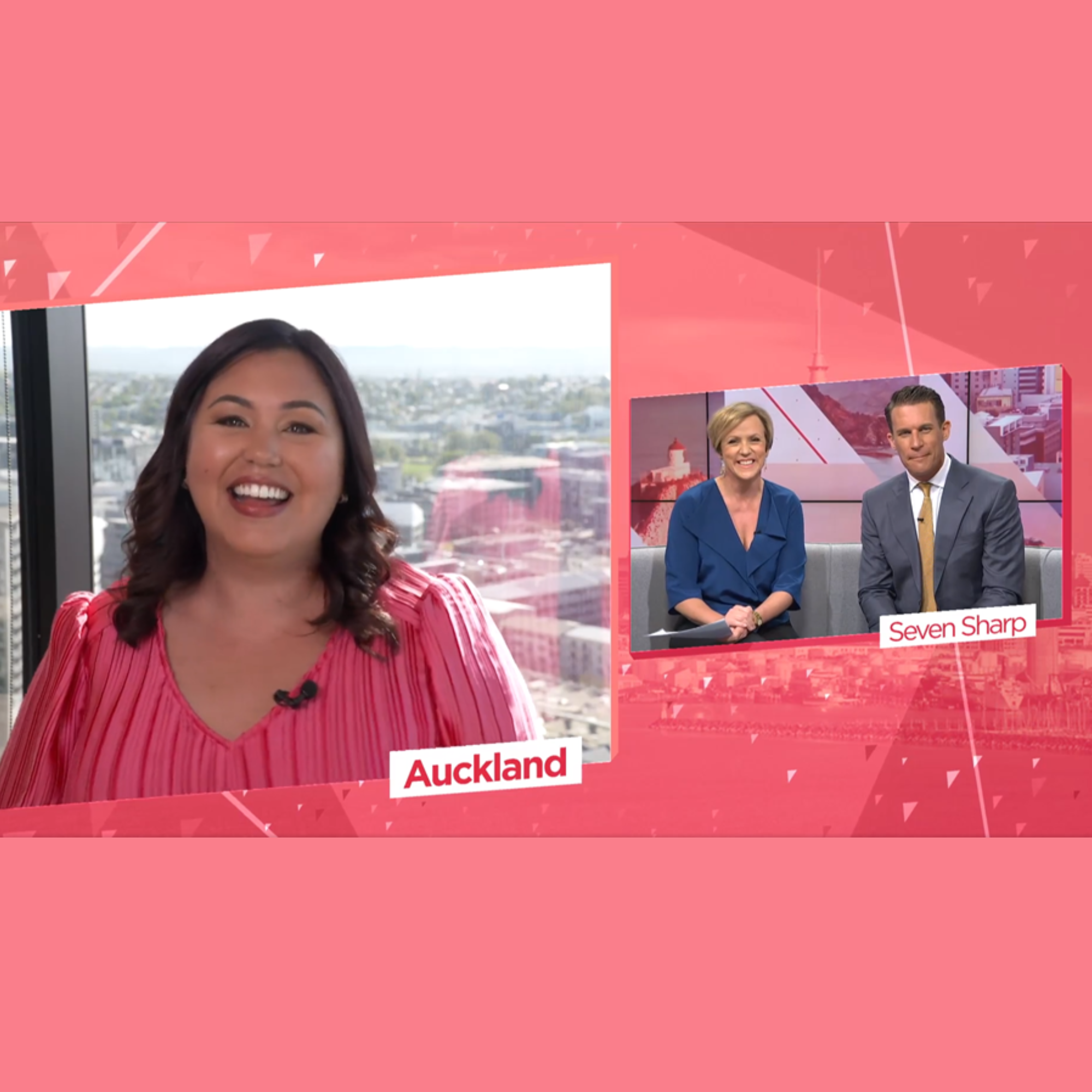 Television news broadcast showing a woman in Auckland wearing a pink blouse, and two anchors labeled Seven Sharp, one woman in a blue blouse and one man in a gray suit and yellow tie.