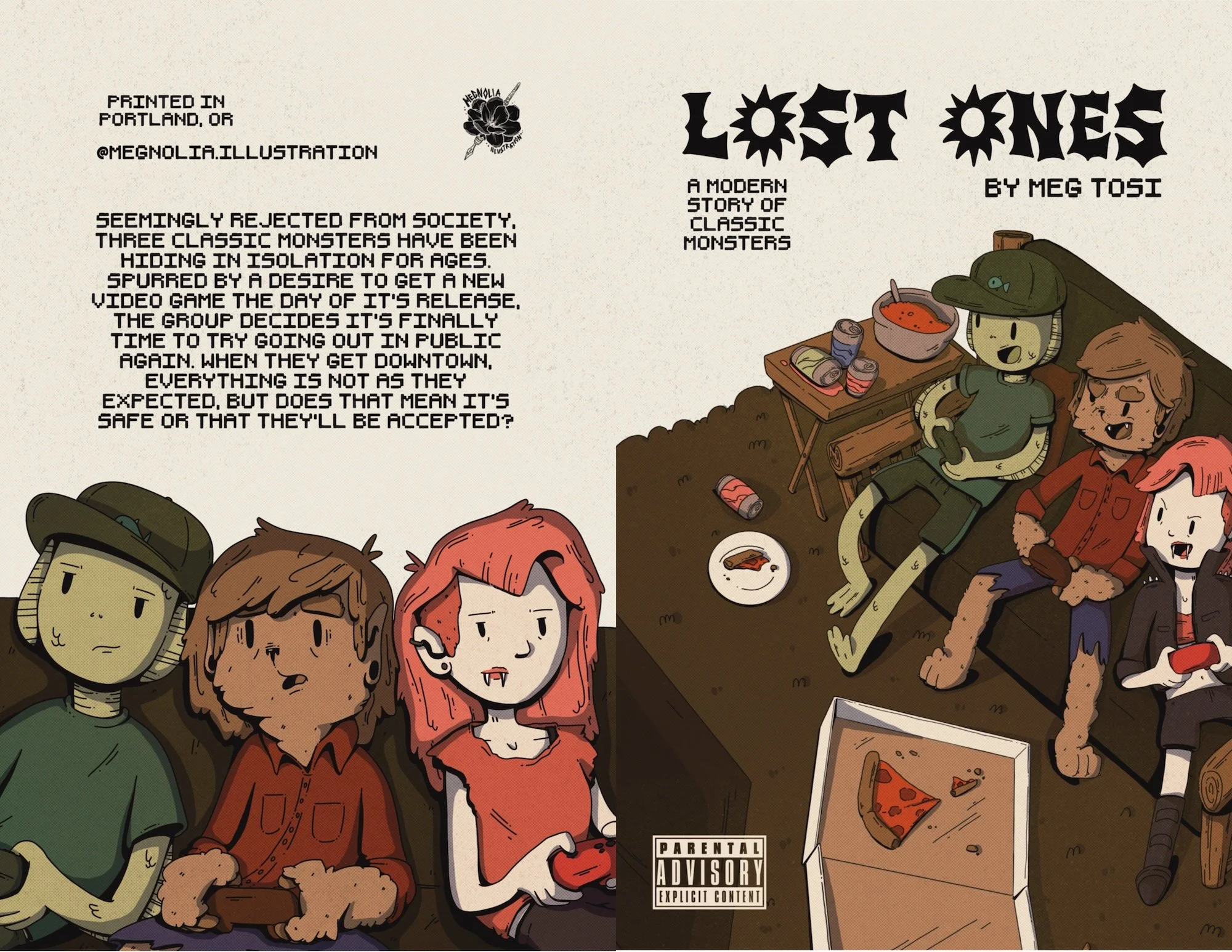 Cover of a comic book titled "Lost Ones" by Meg Tosi featuring cartoon characters sitting and lounging with food and drinks, with various faces and expressions, and a parental advisory label.