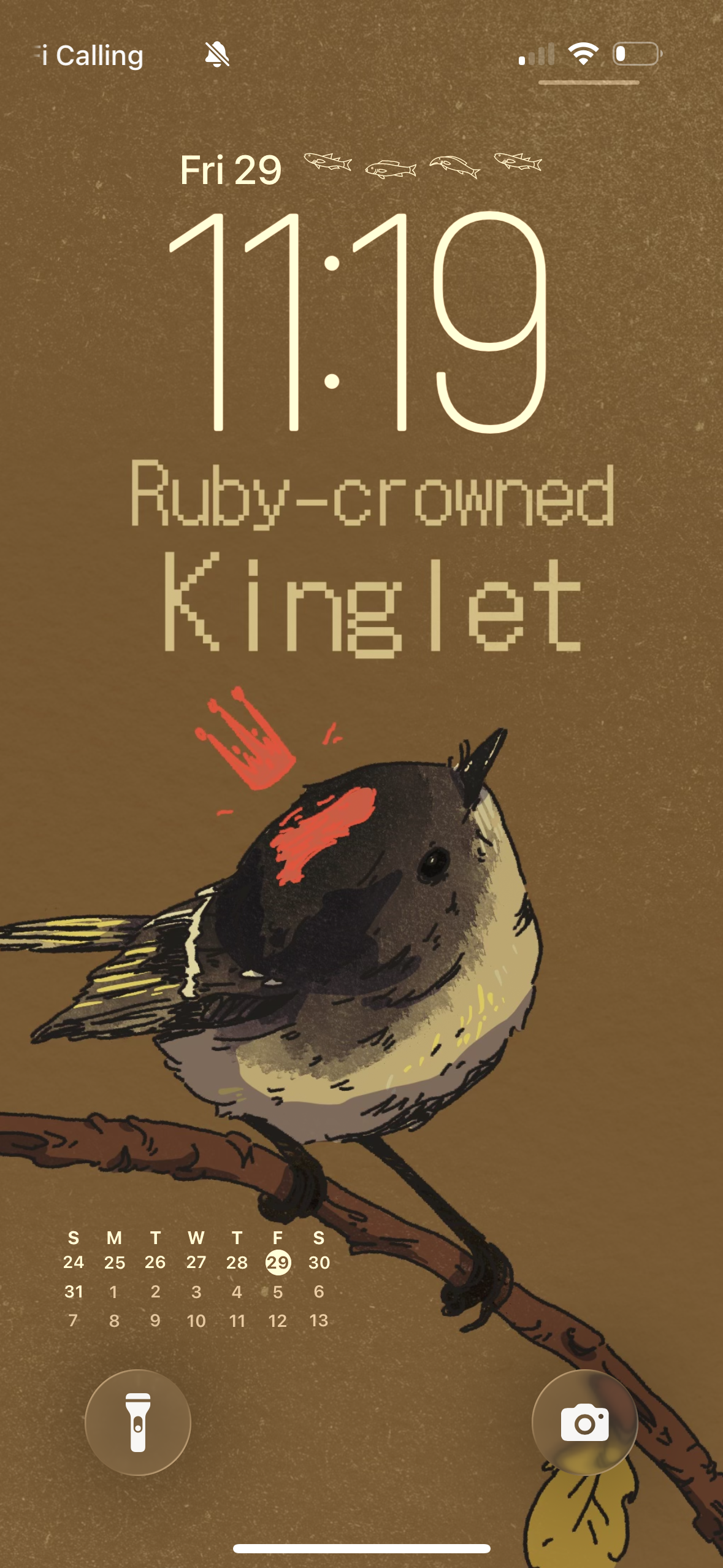 A digital phone screen showing the date, time, and weather information, featuring a colorful illustration of a bird with a red crown on its head sitting on a branch. The background is a textured brownish color, with icons for Wi-Fi, battery, and sign