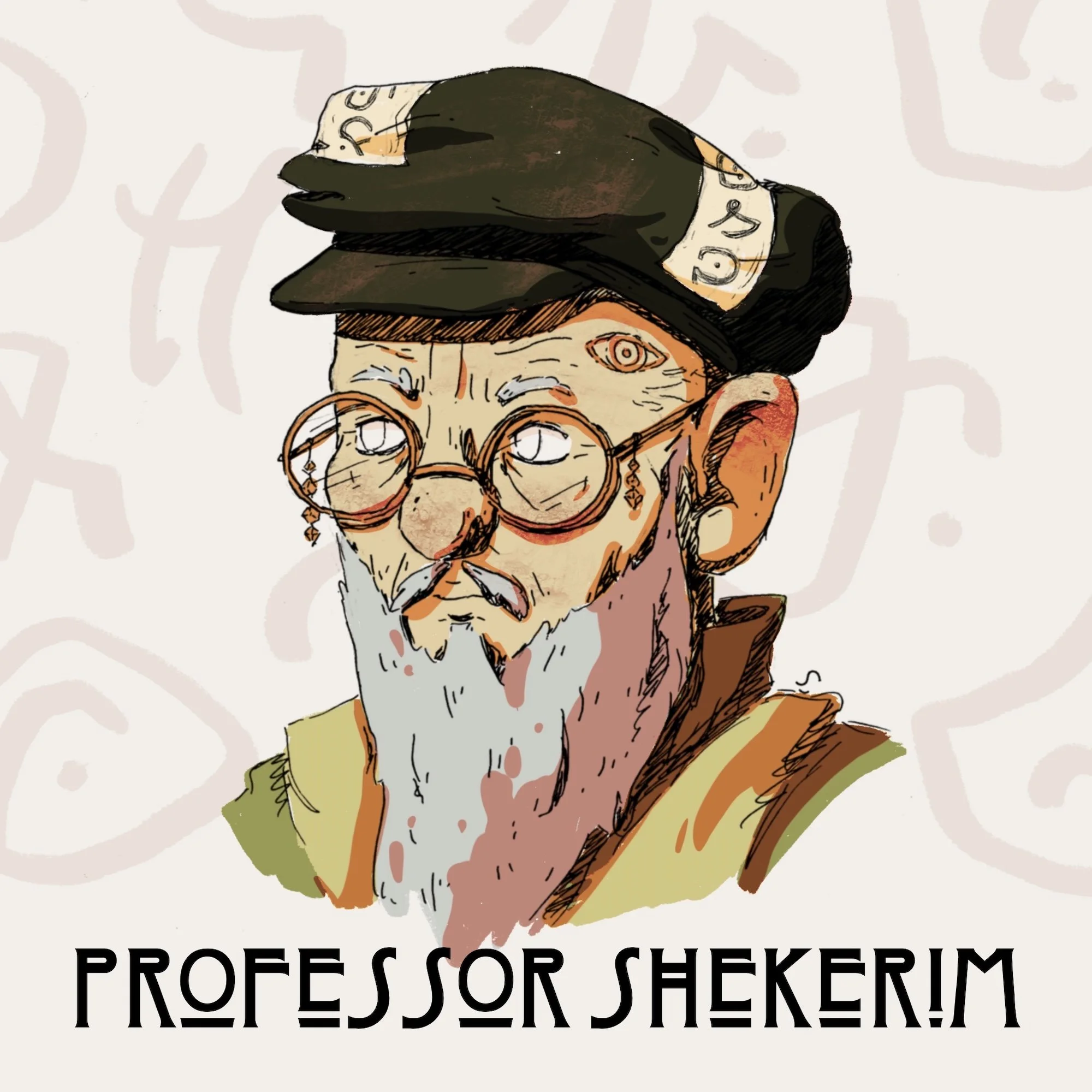 Cartoon illustration of a man with glasses, a beard, and a hat, with the text "Professor for Shekherim" at the bottom.