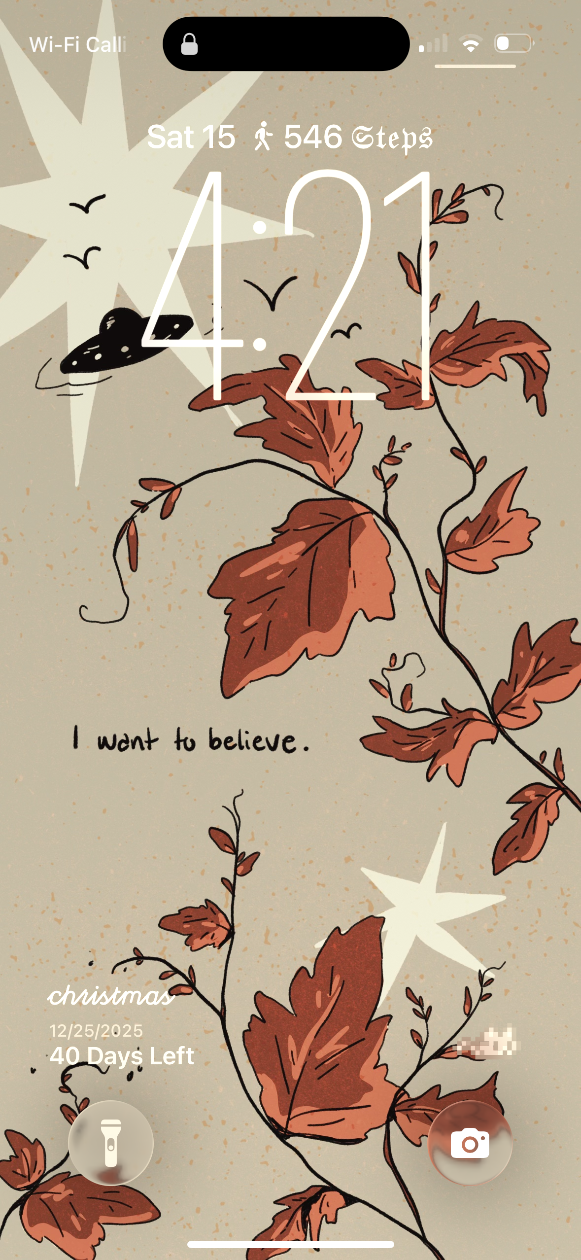A decorated smartphone lock screen with autumn leaves, stars, and birds. The screen displays the date December 25, 2025, with a countdown of 40 days until Christmas. The phrase "I want to believe" is written on the screen.