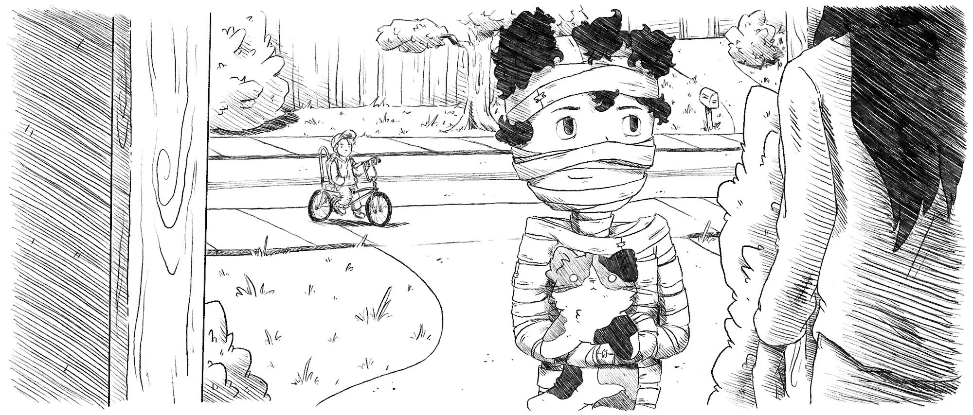 A person wearing a blanket and a tree costume with a hat, face wrapped, is standing behind a tree. In the background, a child is riding a tricycle on the sidewalk, and trees and bushes are visible.