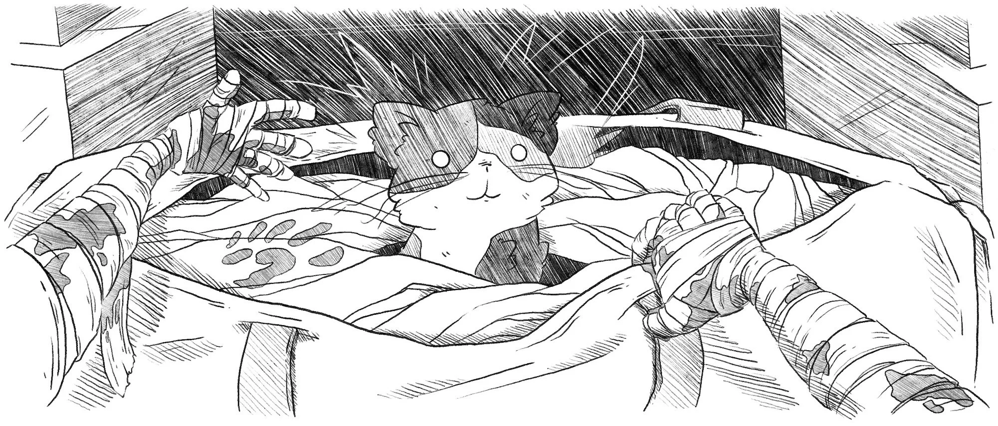 Black and white sketch of a cat lying on a bed, wearing glasses, with arms and legs wrapped in bandages, looking at the viewer. Two hands with bandaged arms are reaching toward the cat.