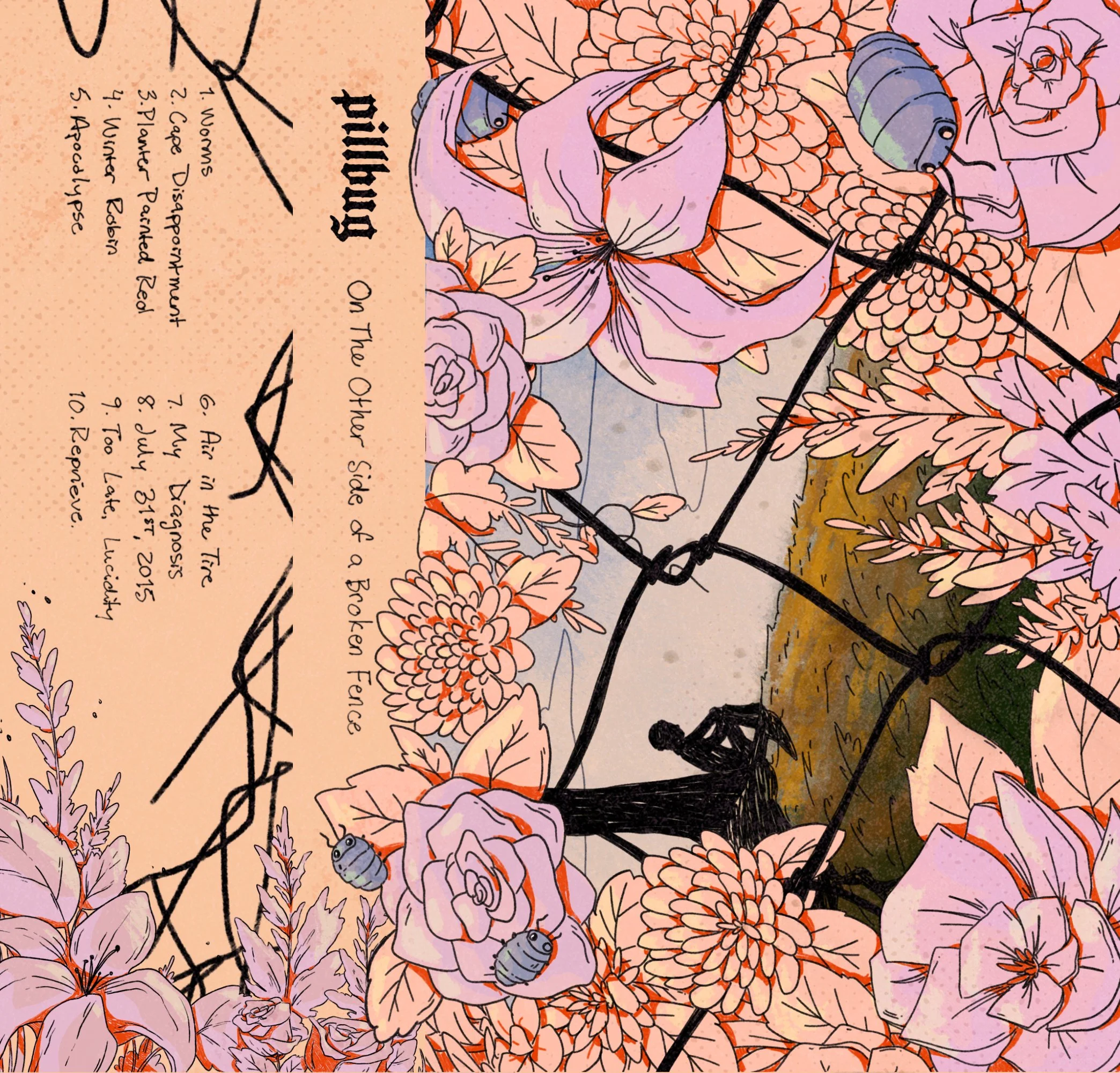 A colorful, detailed drawing of a spider web with purple, pink, and orange flowers and green insects, overlaid on handwritten notes and sketches.