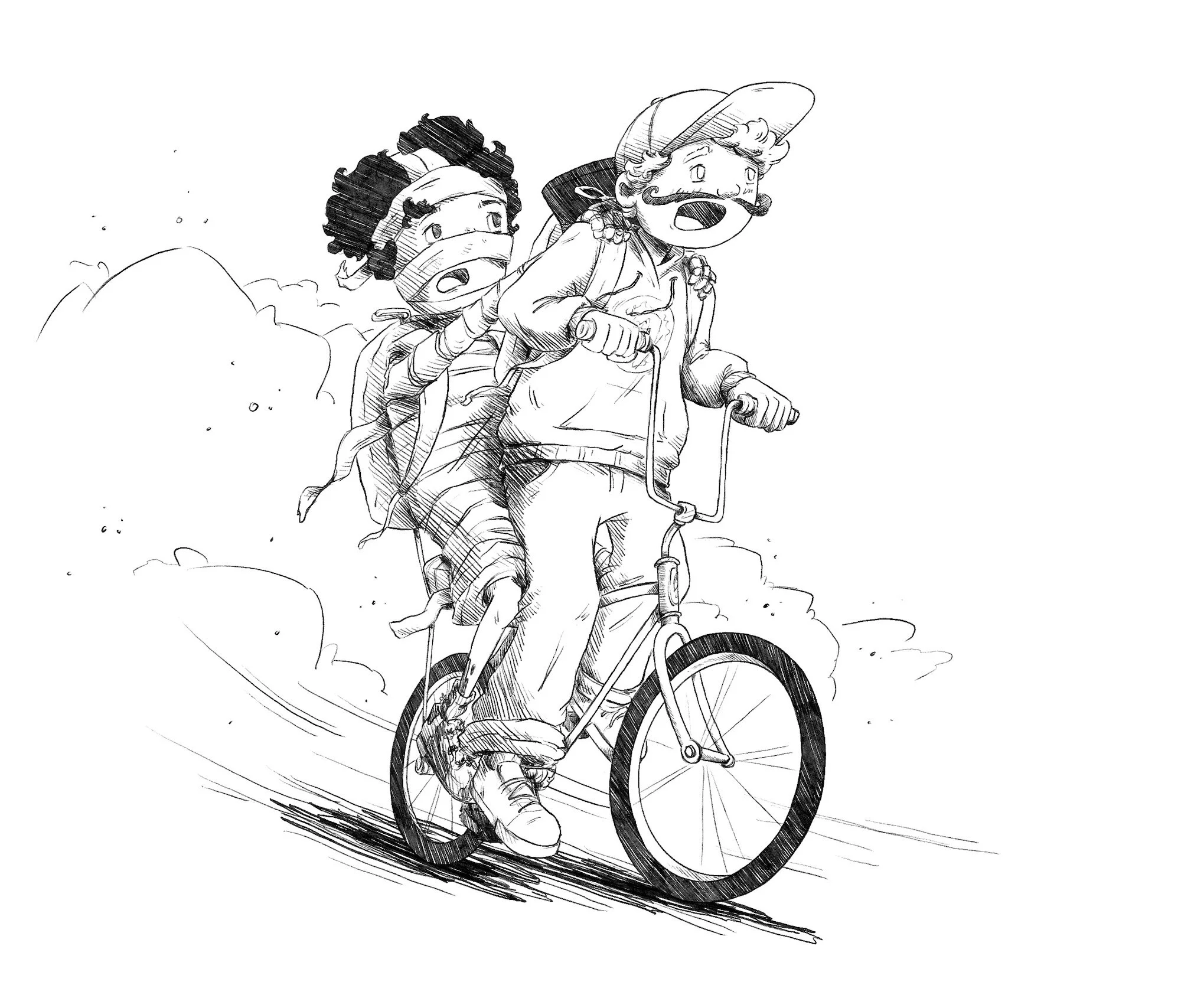 A black and white sketch of two children riding a bicycle, with one child in front and the other behind, both wearing hats and backpacks.