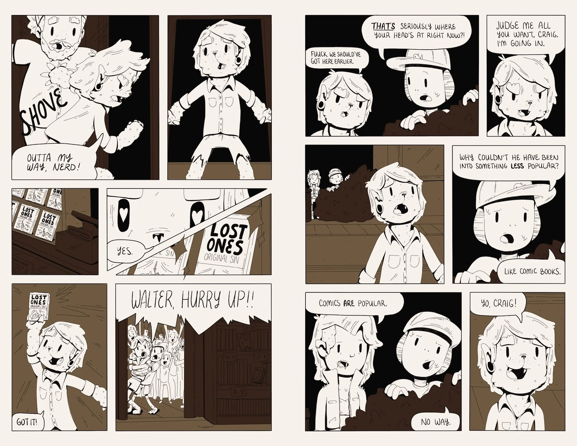 A comic strip with characters, including a girl and a boy, in various scenes. The girl is excitedly holding a comic book titled "Lost Ones" and saying "Got it!" The comic depicts scenes of characters and dialogue, with some panels showing characters 