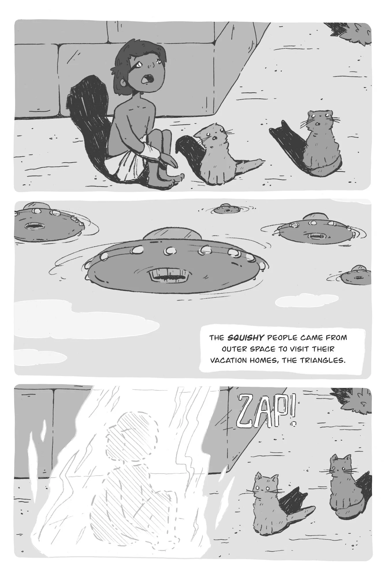 A cartoon comic strip showing a young person sitting on the ground with two cats, looking up. An alien spaceship appears overhead, with several more cats in the background. An alien spacecraft zaps the scene, with the sound effect "ZAP!" and a humoro