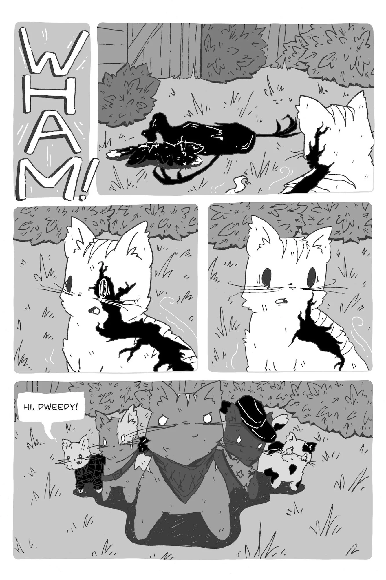 A black cat and a small white and black spotted dog are outdoor, with lush bushes and grass around them. The dog appears to have been hit by a car, as its tail is broken, and the cat is observing it. A dog in armor and a black hat approaches, saying 