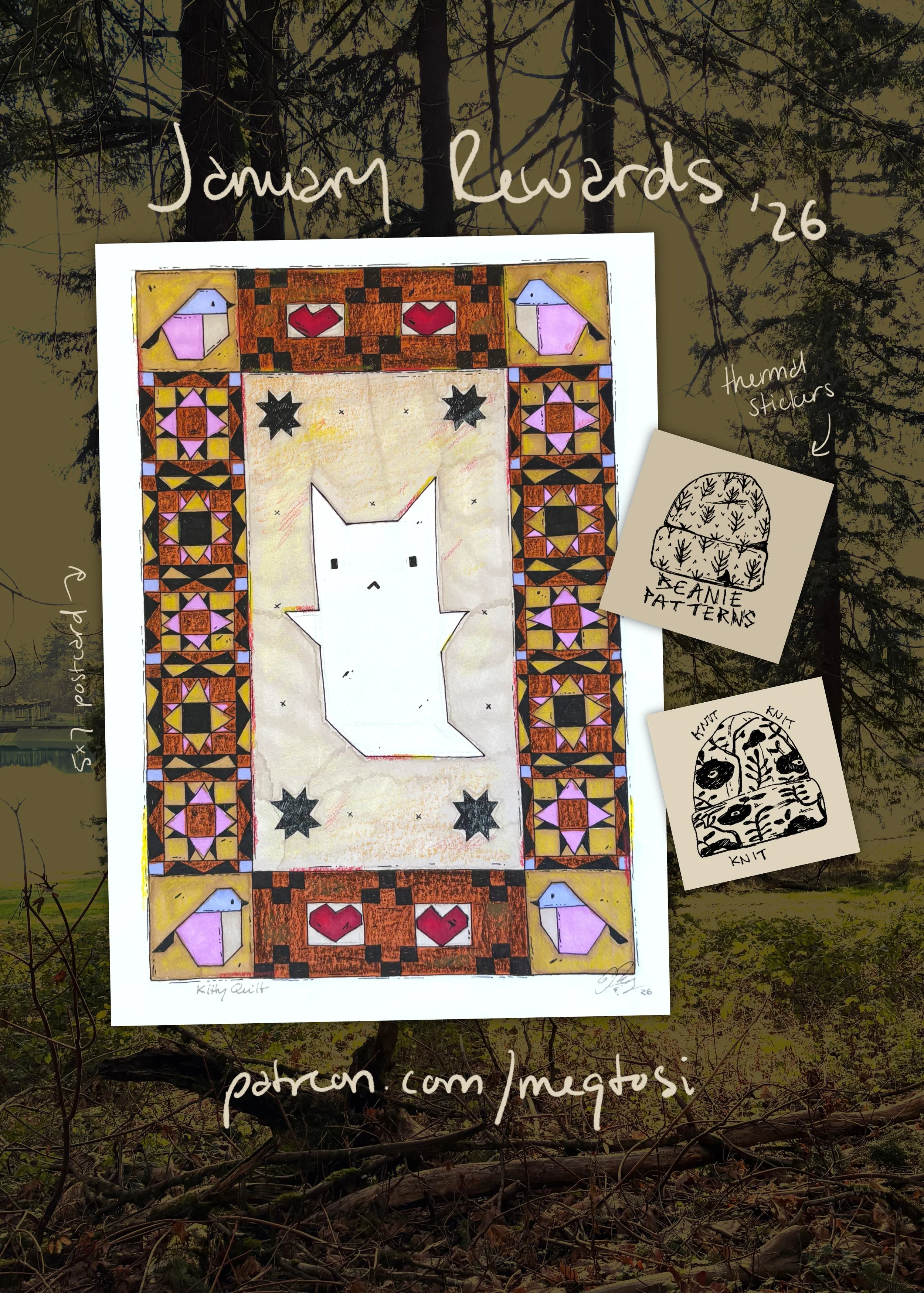An art print titled "Kitty Quilt" featuring a quilt design with cats, hearts, and geometric patterns. The print is annotated with notes on fabric types and quilting techniques, set against a background of trees.