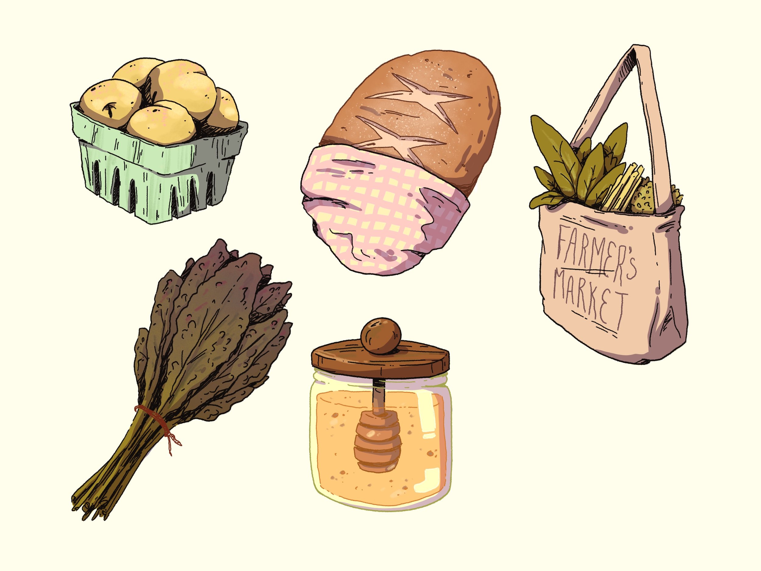 A digital illustration of food items including a bunch of potatoes in a green basket, a loaf of bread with slashes on top and a pink checkered cloth underneath, a bunch of cooked or fried plantains tied with a red string, a jar filled with a layered 