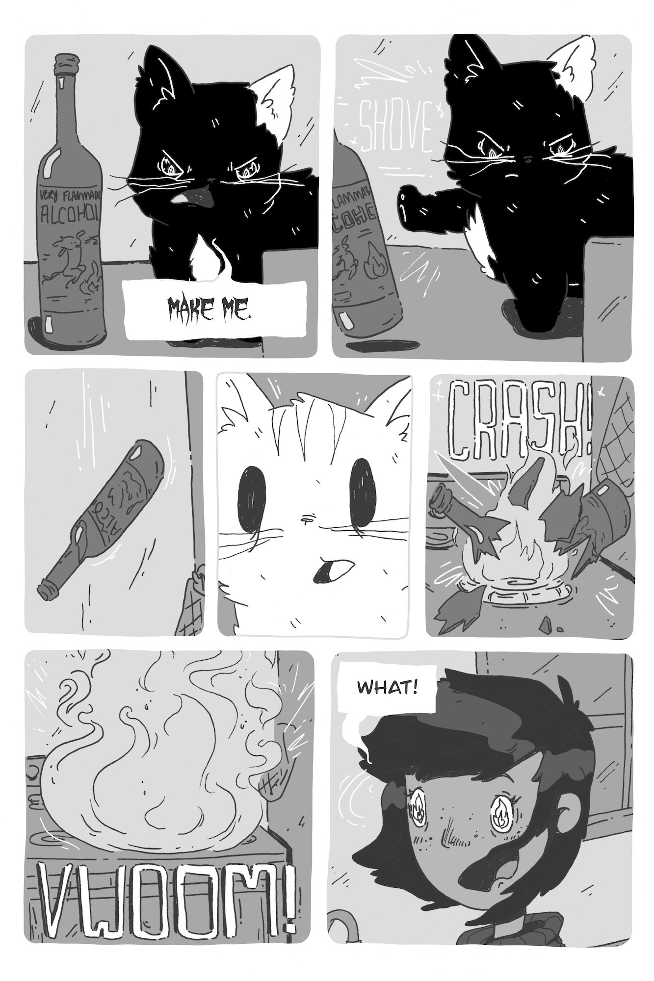 A black-and-white comic strip showing a cat reacting to a bottle labeled 'Very Flammable Alcohol'. First, the cat looks serious and says 'Make me.' Then, it shoves the bottle, causing a flame to ignite, with the word 'Crash!' appearing as a loud nois