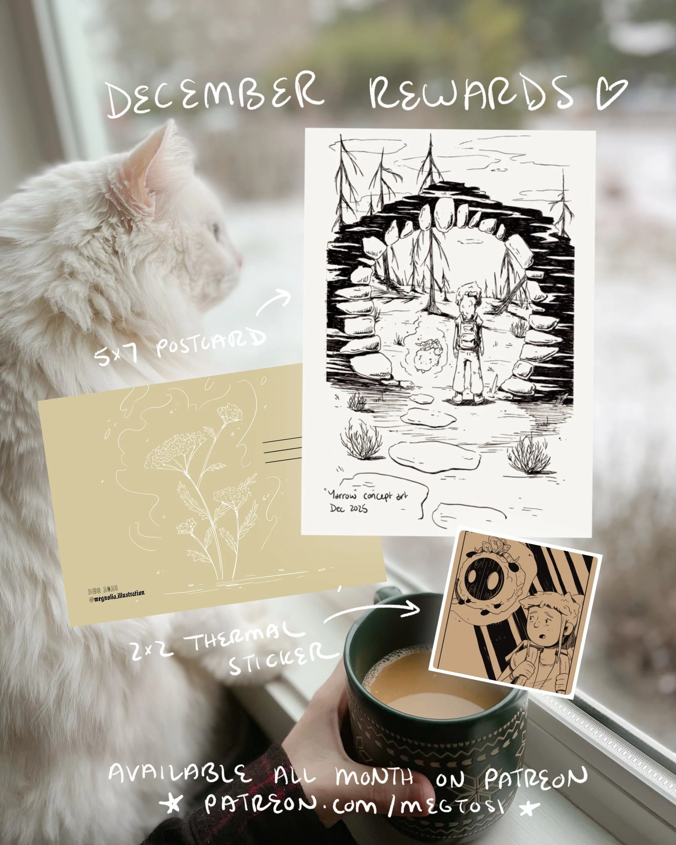 Photo of a person holding a mug of coffee next to a window with daylight, a white fluffy cat looking out the window, and overlaid handwritten notes with sketches and text about December rewards, artwork, and Patreon subscription details.