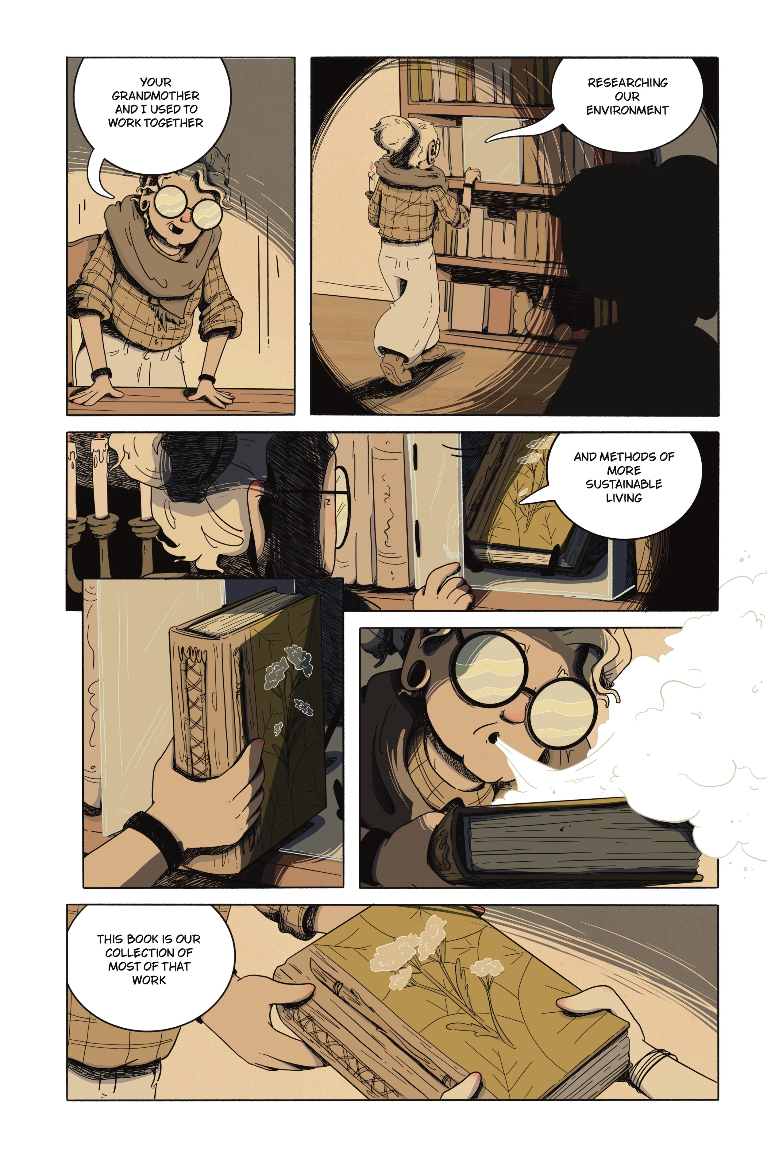 A comic strip depicting a person with glasses and a scarf discussing environmental research and sustainable living with a woman browsing books. The woman is shown looking at a book about plants and discussing collecting her work.