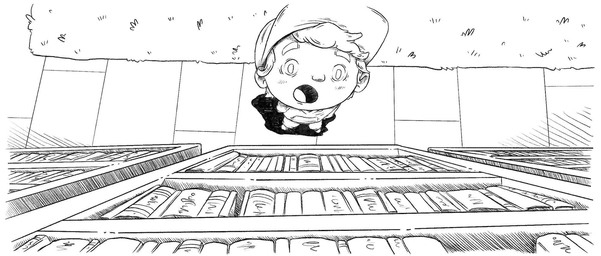 A black and white illustration of a young boy looking down into an open refrigerator filled with various items on shelves.
