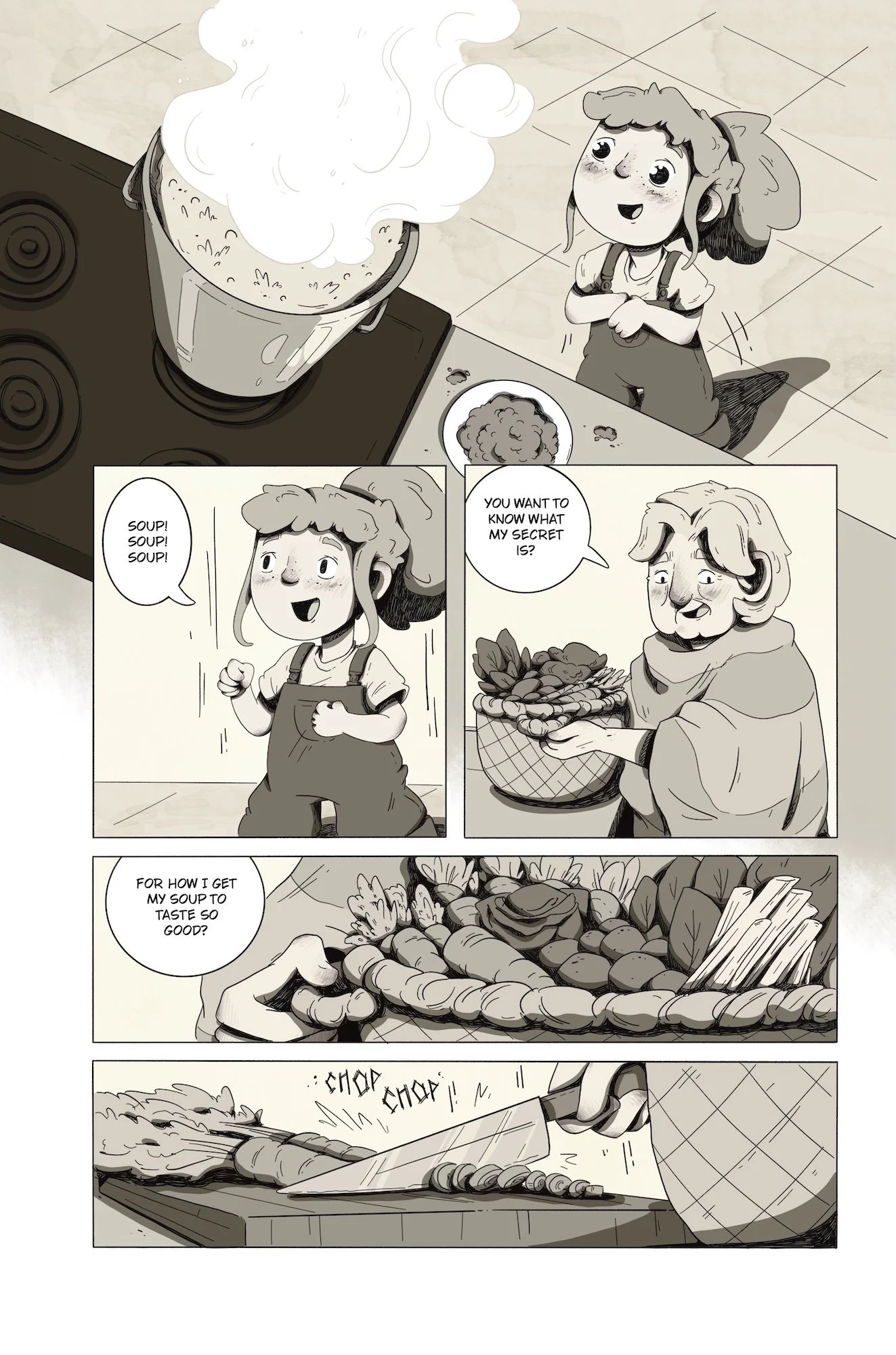 A cartoon girl with pigtails and a bow on her head, kneeling on the floor and looking at a steaming pot on the stove. There is an elderly woman with gray hair and a scarf, holding a basket of vegetables. The girl is excited about the soup and asks th