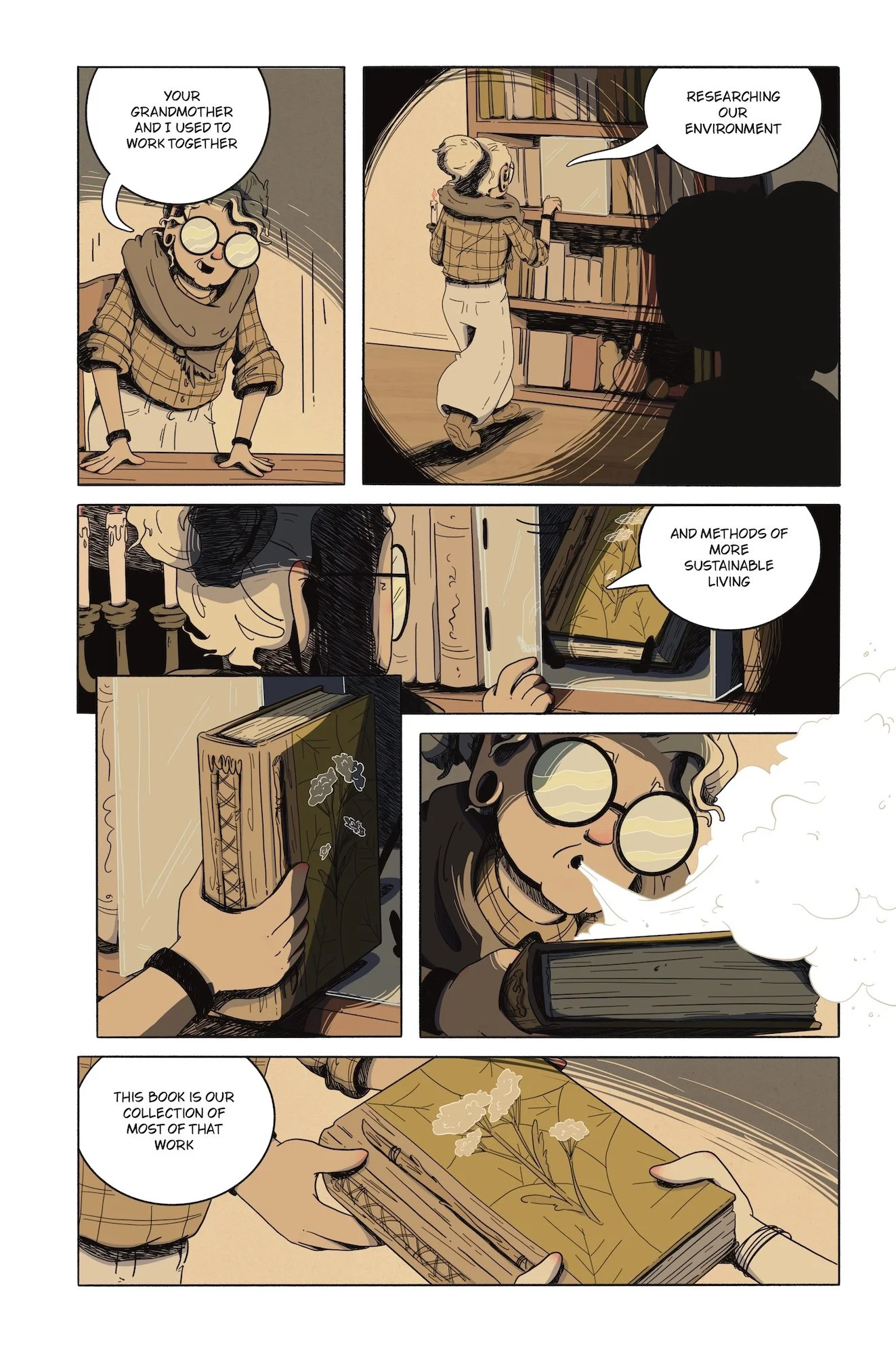 A comic strip featuring a woman with glasses and curly hair, examining a book about conservation and sustainable living, and discussing her grandmother's work, with warm earthy tones and detailed line art.