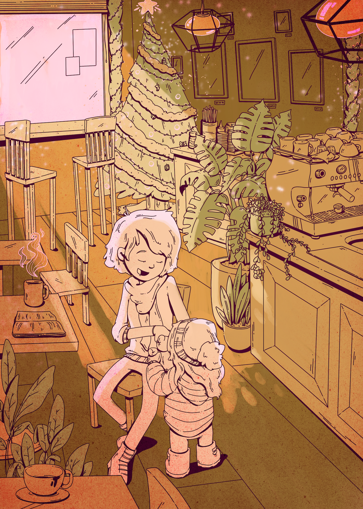 An illustrated cozy indoor cafe decorated for Christmas, with a Christmas tree, plants, and hanging lights. A person with short hair and wearing a scarf, sitting on a chair, is smiling at a small dog on their lap. The cafe has a coffee machine, cups,