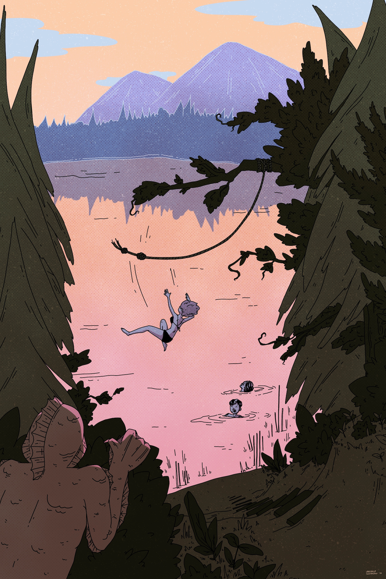 A digital illustration of a scenic lakeside view with mountains in the background. In the foreground, two children are swimming in the water, with one child also swinging from a tree branch over the lake. The scene is framed by two large trees and ro