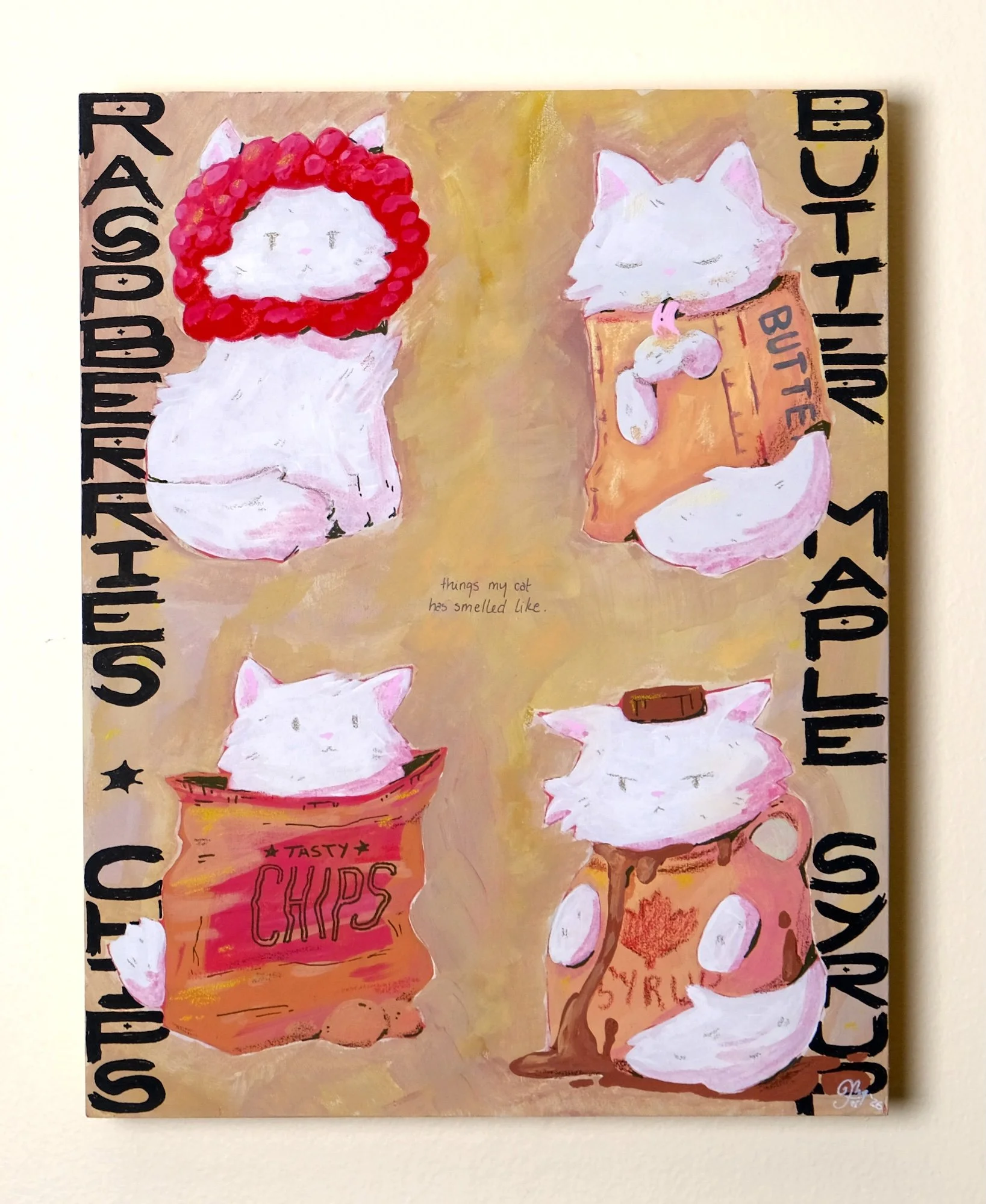 Illustration of cats in various food containers with text around the image, including "Tasty Chips", "French Fries", and "Syrup". The cats are depicted in a whimsical, cartoon style with closed eyes.