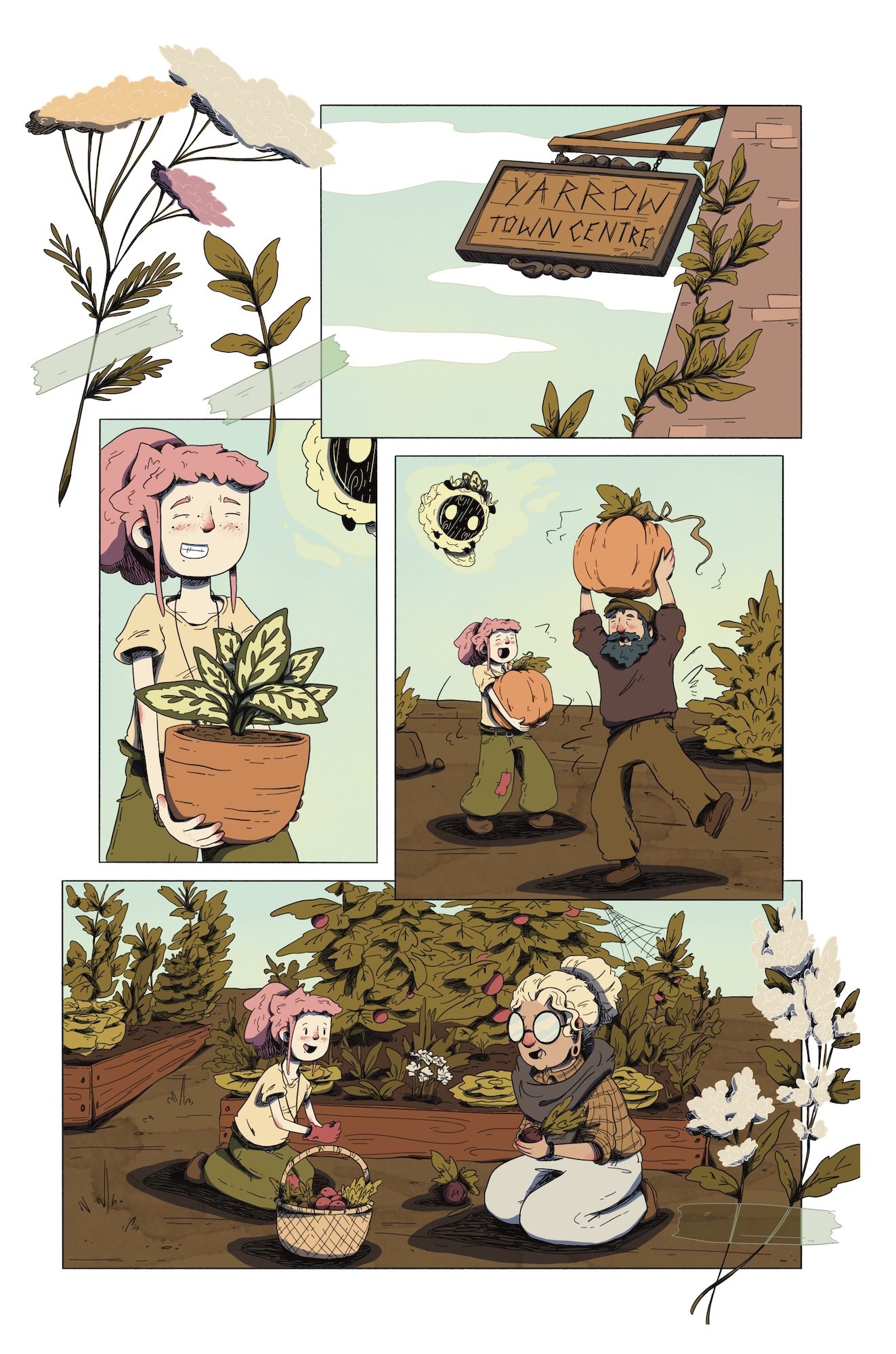 Cartoon illustration of a community garden with people harvesting vegetables, including a girl holding a potted plant and two women gathering produce, with lush greenery and a sign for 'Yarron Town Centre' in the background.