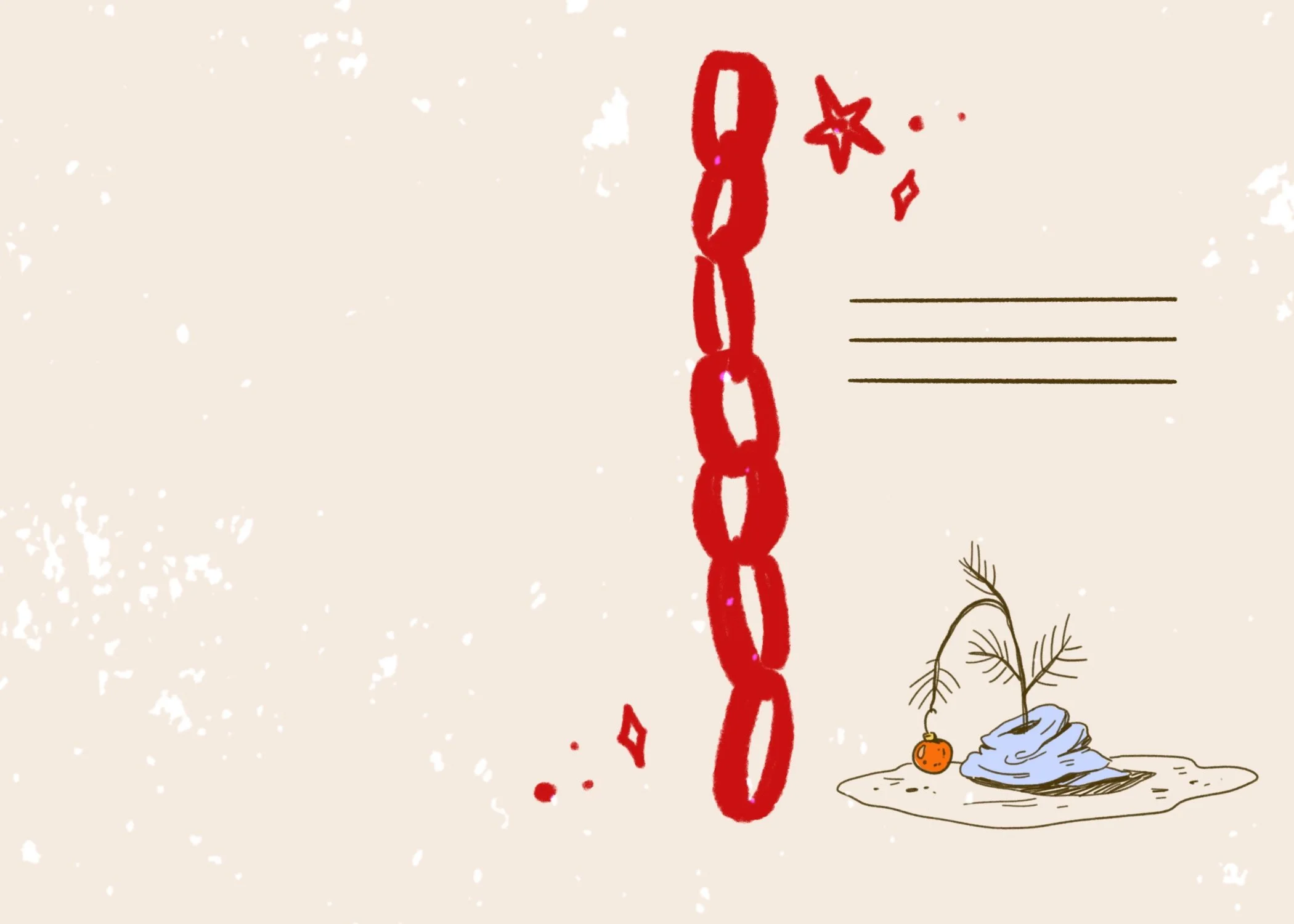 A red Christmas ornament hanging from a string, with a decorated outdoor scene including a small snow-covered mound, a pine branch, and a Christmas ornament on the snow.