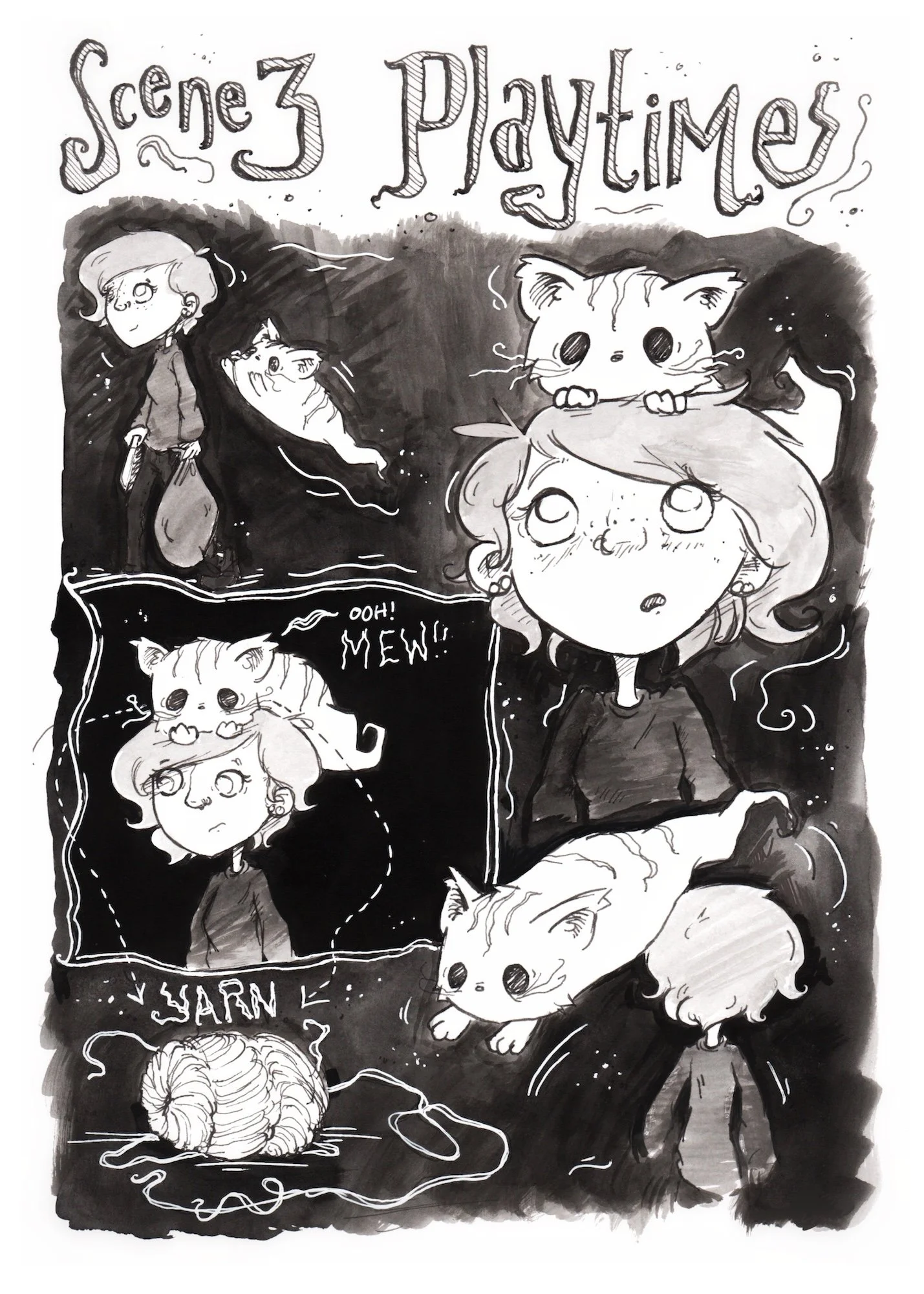 A black-and-white ink drawing with the title 'Scene 3: Playtime' at the top. It depicts a girl with curly hair and large eyes sitting with a small cat on her head, and various other cats and characters in the background with speech bubbles saying 'Oo