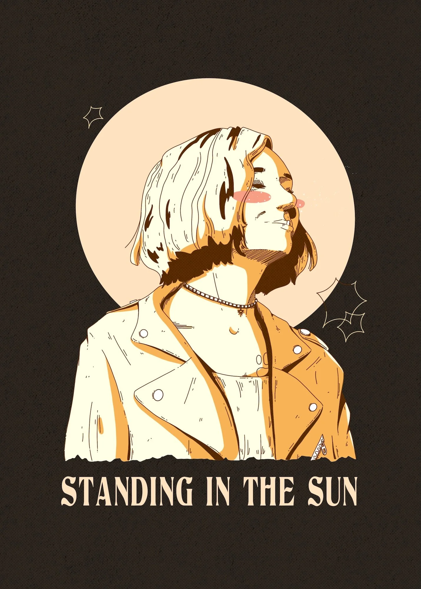 Digital illustration of a woman with short hair and a leather jacket, standing in profile with eyes closed and a content expression, with a large, glowing yellow circle behind her and the text "Standing in the Sun" below.