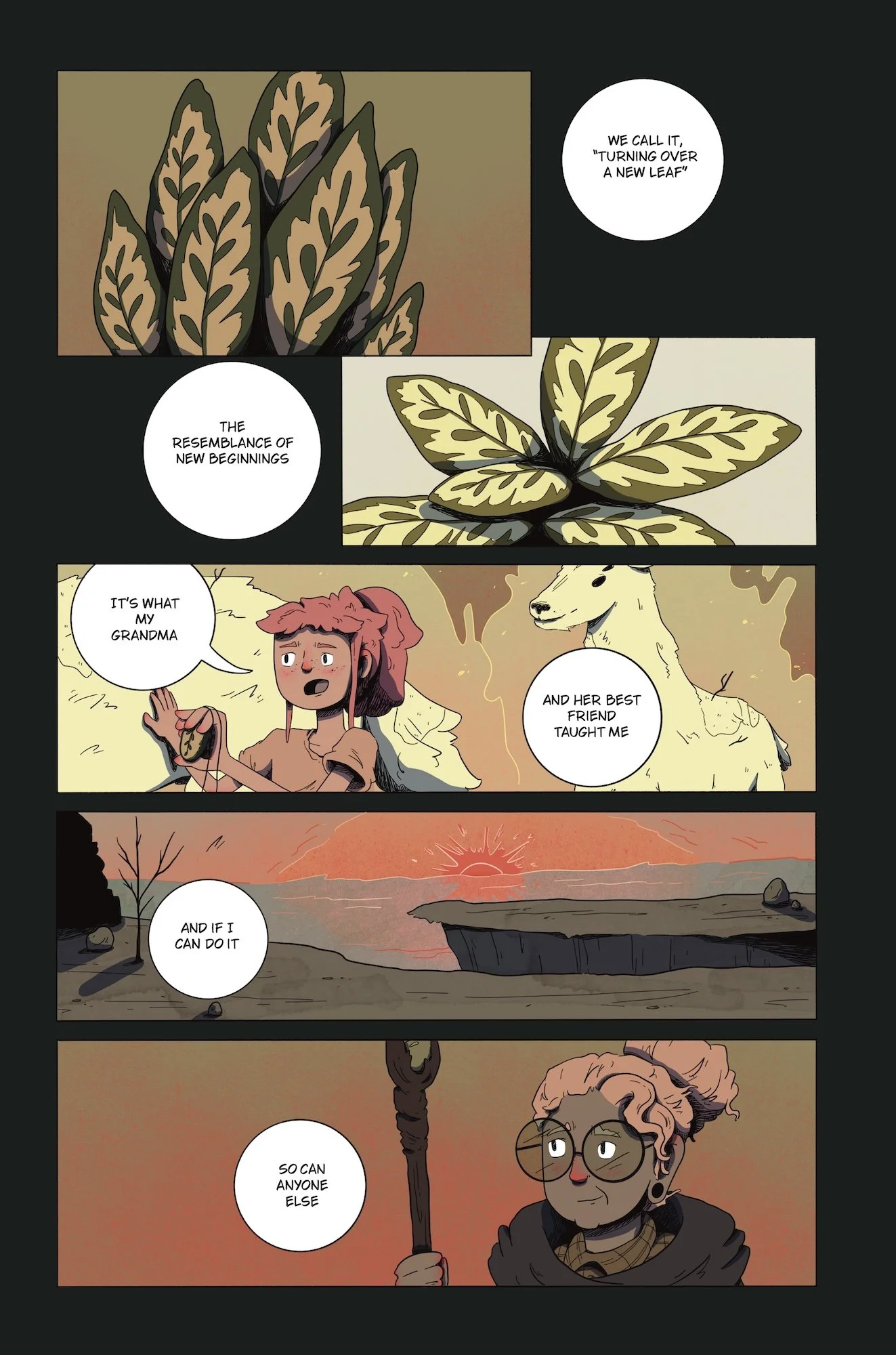 Comic strip showing a plant with patterned leaves and a person with pink hair and glasses. The person explains the plant's name as 'turning over a new leaf,' and reflects on its significance as a symbol of new beginnings, encouraged by a wise compani