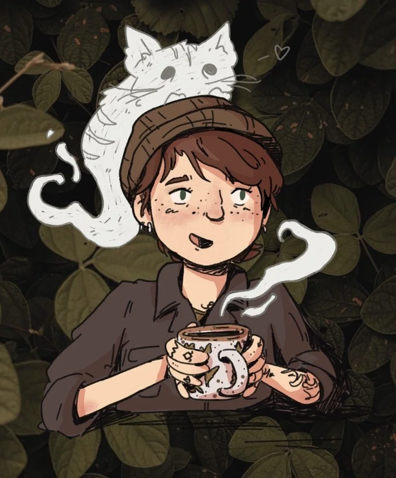 Illustration of a person wearing a brown beanie, holding a steaming mug with a cat curled around the mug, and a cat outline on the person's head, set against a leafy background.
