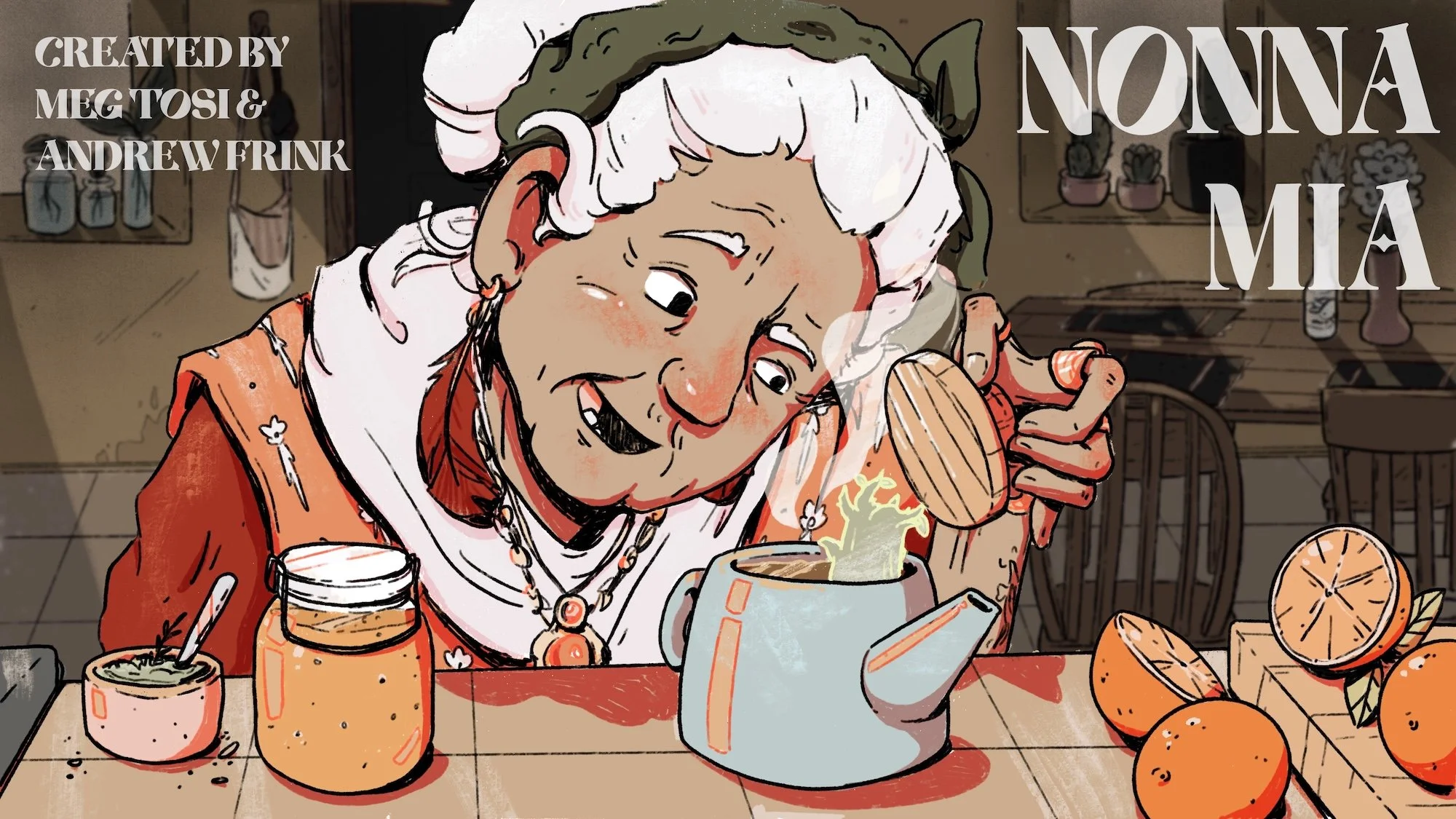 A cartoon illustration of an elderly woman with white hair, wearing a red shirt and jewelry, happily stirring a pot of food in a cozy kitchen. The scene features oranges and jars on the counter, with shelves and potted plants in the background. The t
