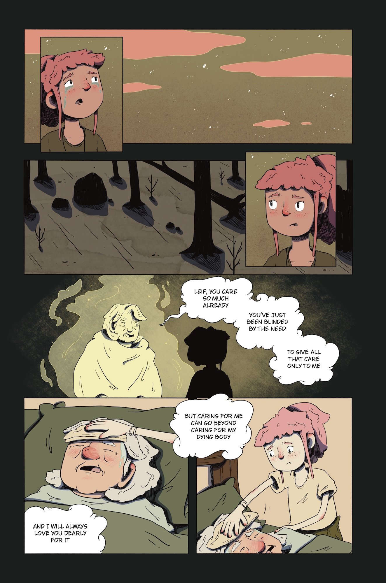 Comic strip showing a young girl with pink hair in a forest setting, crying and looking contemplative. An elderly man with white hair and a beard, lying in bed, discusses love and caring in a heartfelt conversation about mortality.