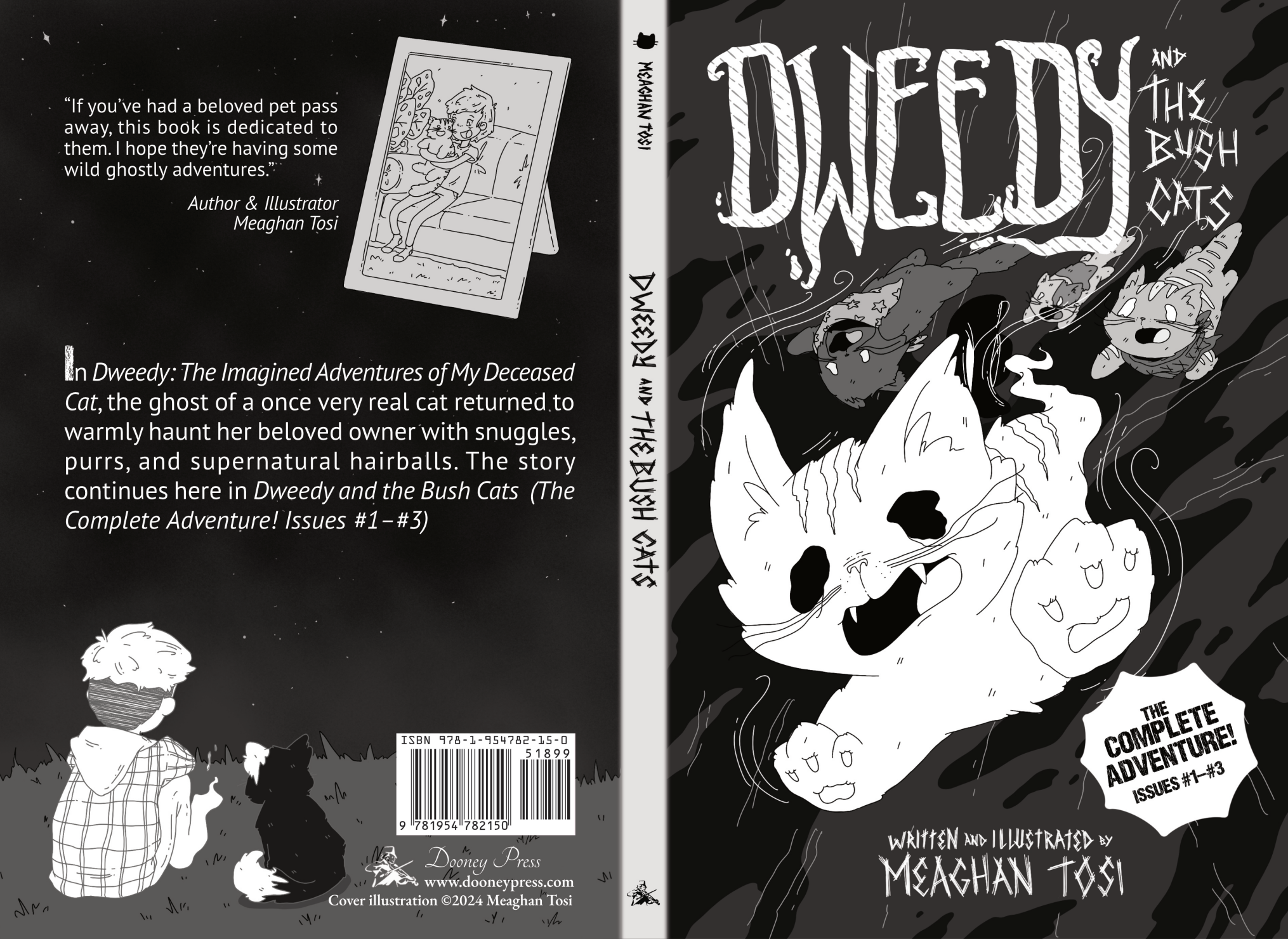 Black and white illustrated book cover titled 'Dweady and the Bush Cats'. The front cover features a stylized illustration of a ghostly cat with emanating smoke or mist, with three smaller cats behind it. The back cover shows a person with glasses an