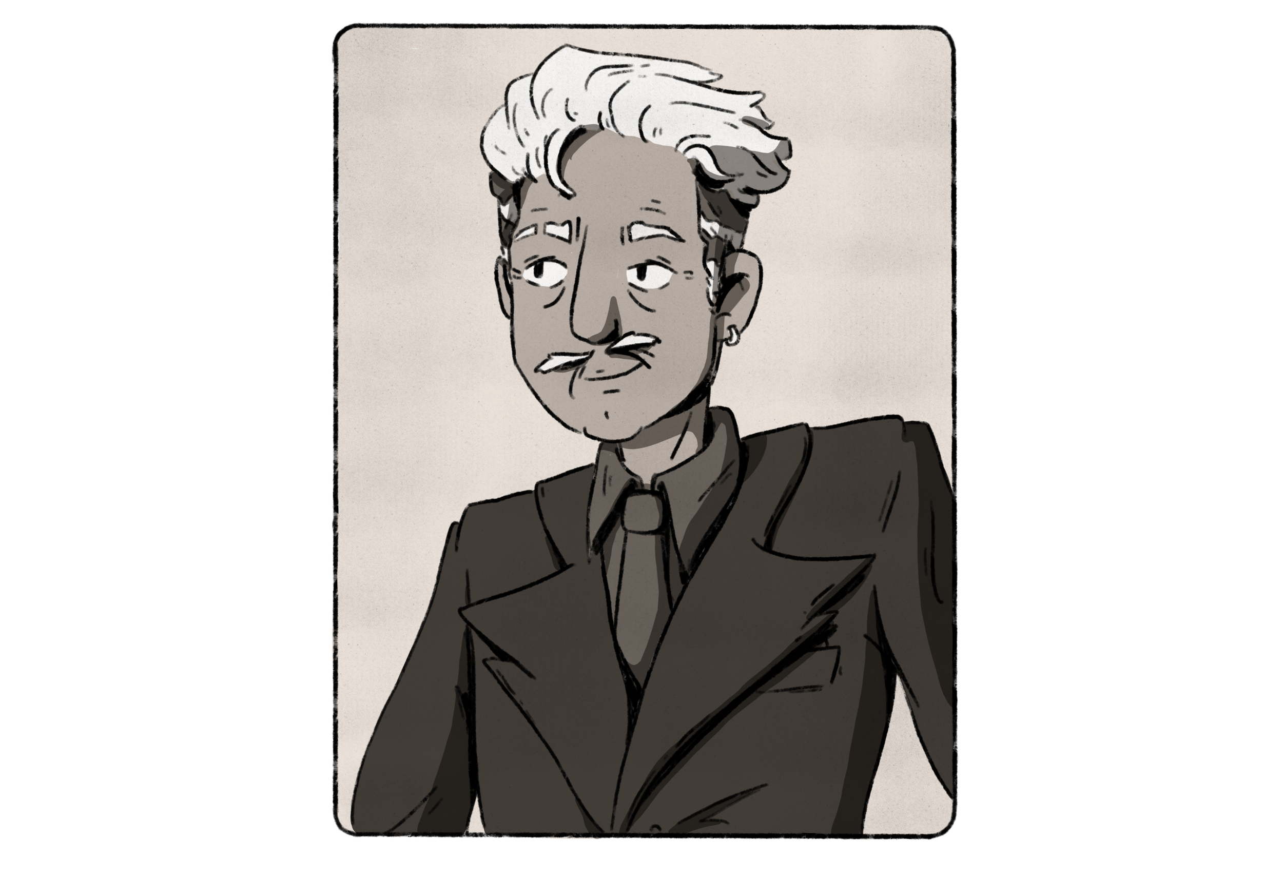 A black-and-white digital illustration of a man with styled, two-toned hair, wearing earrings and a suit with a tie.