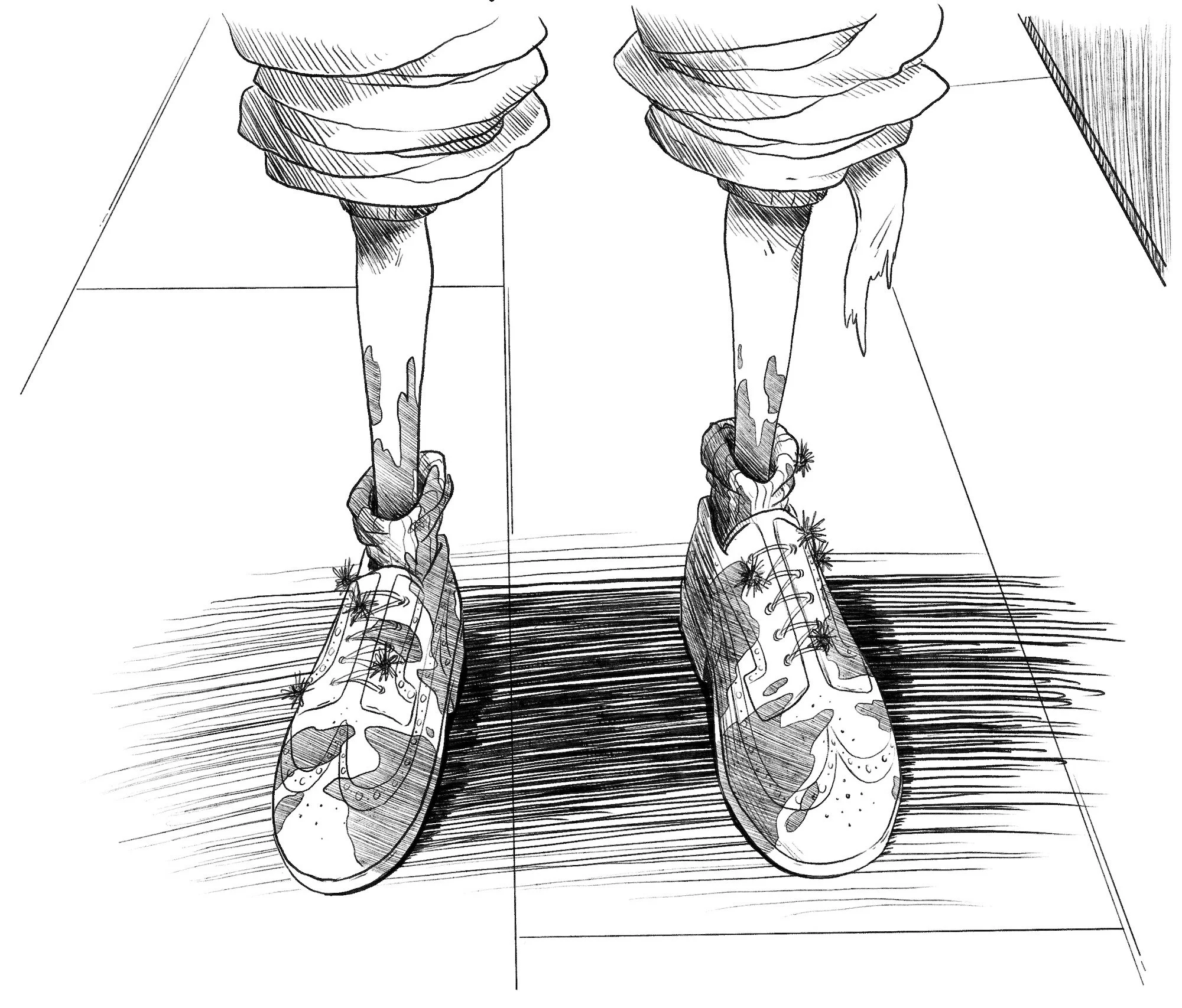 A black and white line drawing of a person's legs wearing striped socks and boots, standing on a tiled floor.