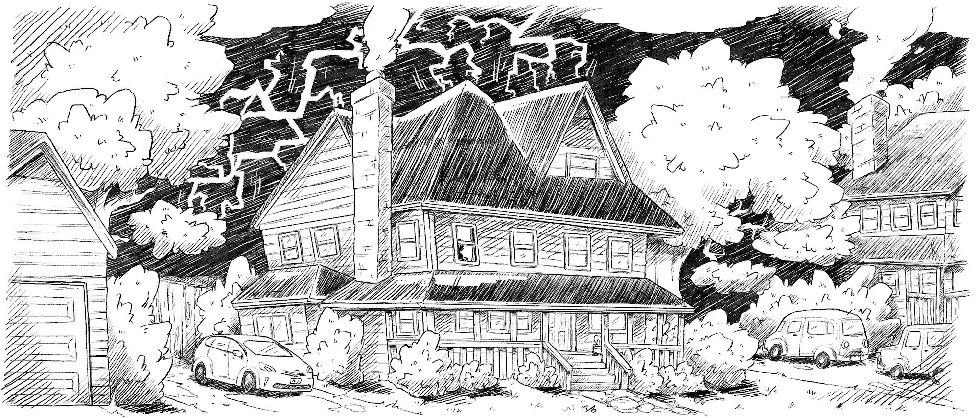 A black and white sketch of a residential house with trees, several cars parked in the driveway, and lightning striking in the dark stormy sky.