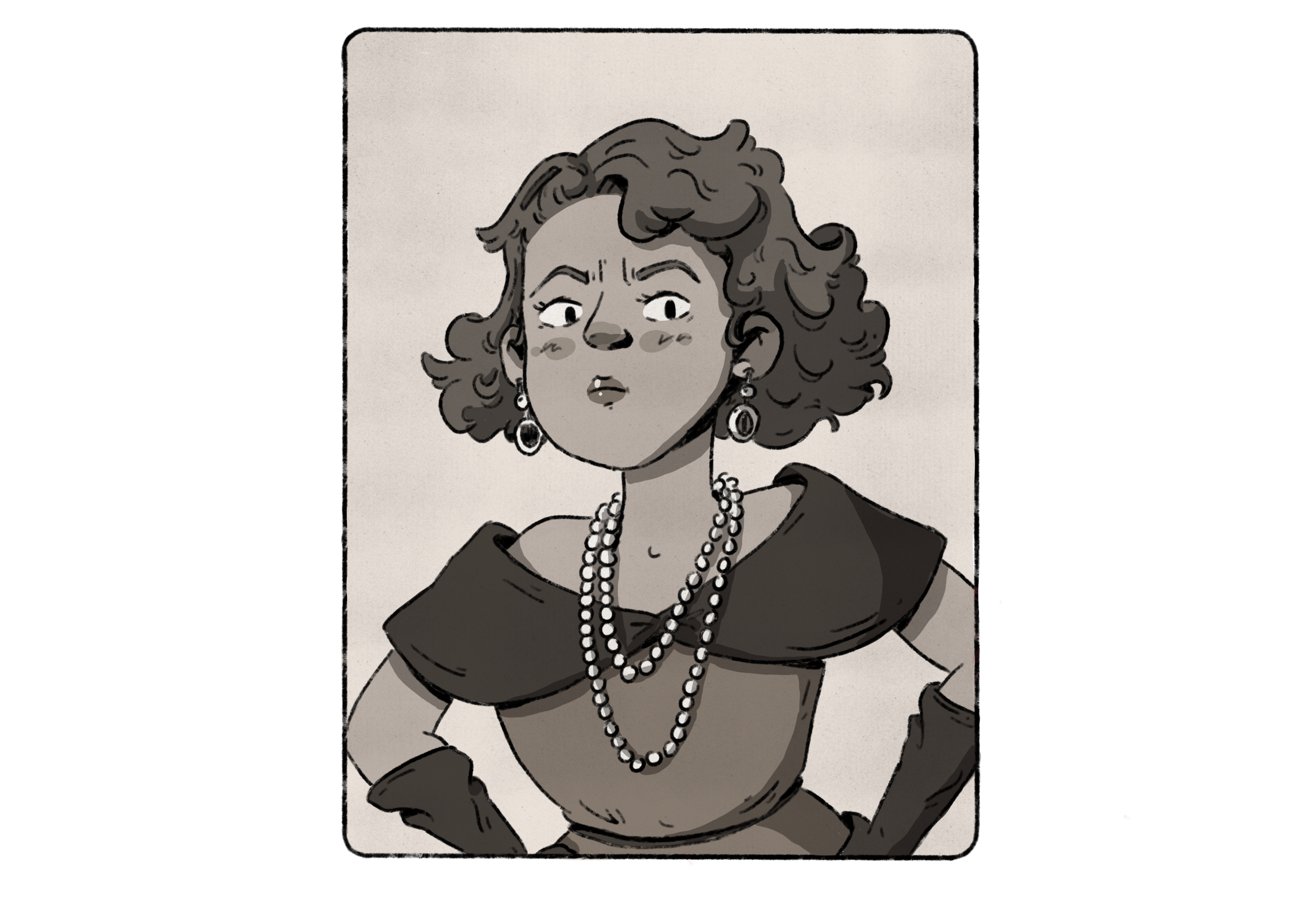 Black and white drawing of a woman with curly hair, wearing earrings, a pearl necklace, and a dress with a wide neckline, striking a confident pose.