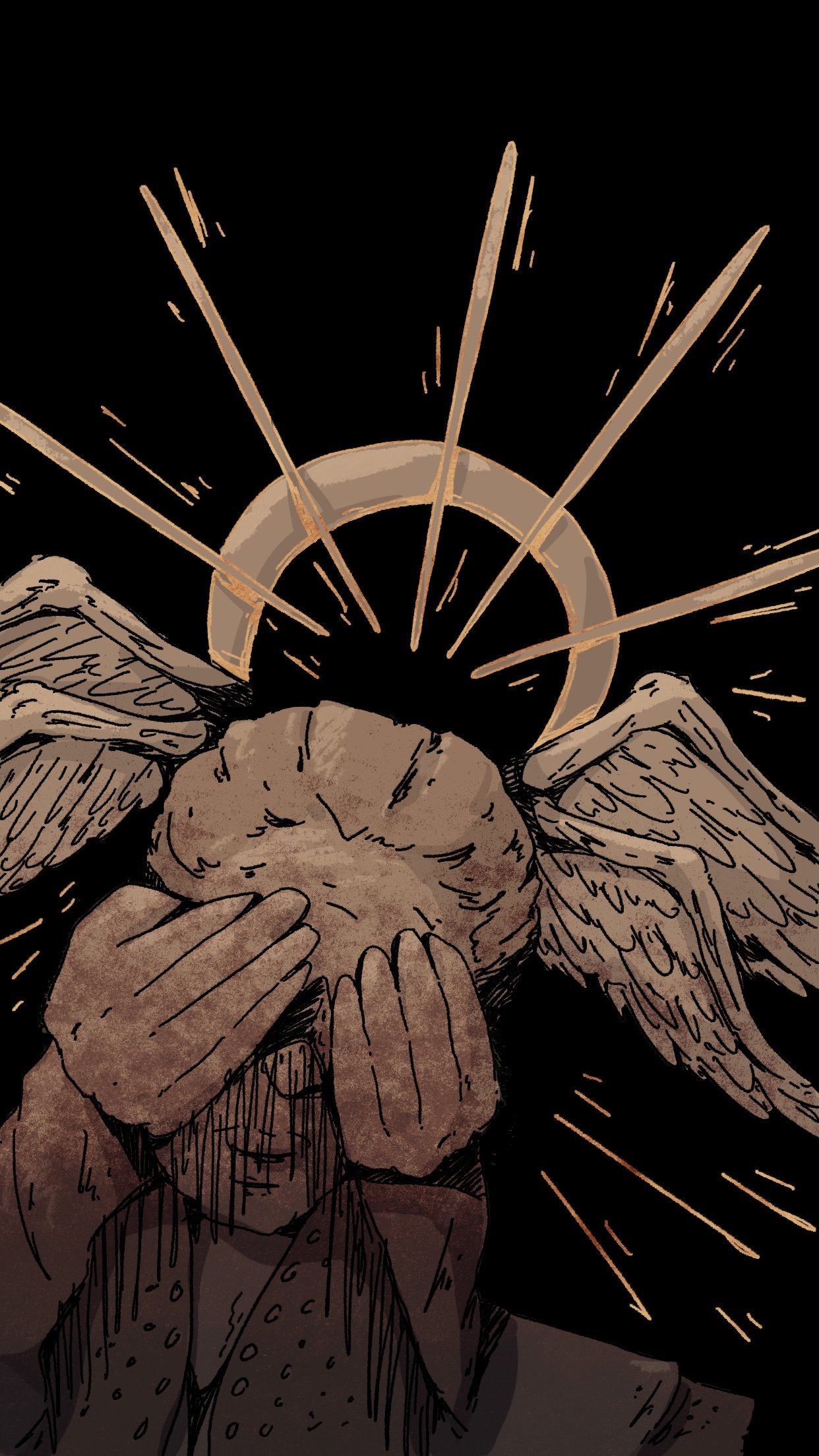 A person with angel wings holding their hands over their face, with a halo and sparks radiating behind them.